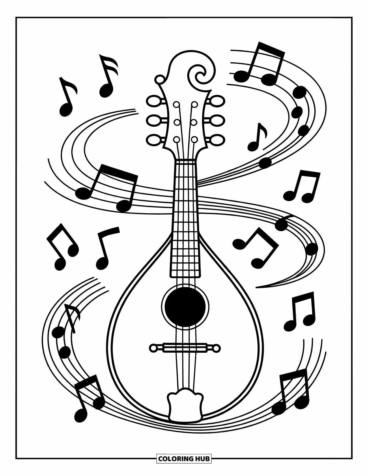 Coloriage de musique pour enfants : Une mandoline avec des lignes tourbillonnantes et une bordure faite de notes de musique