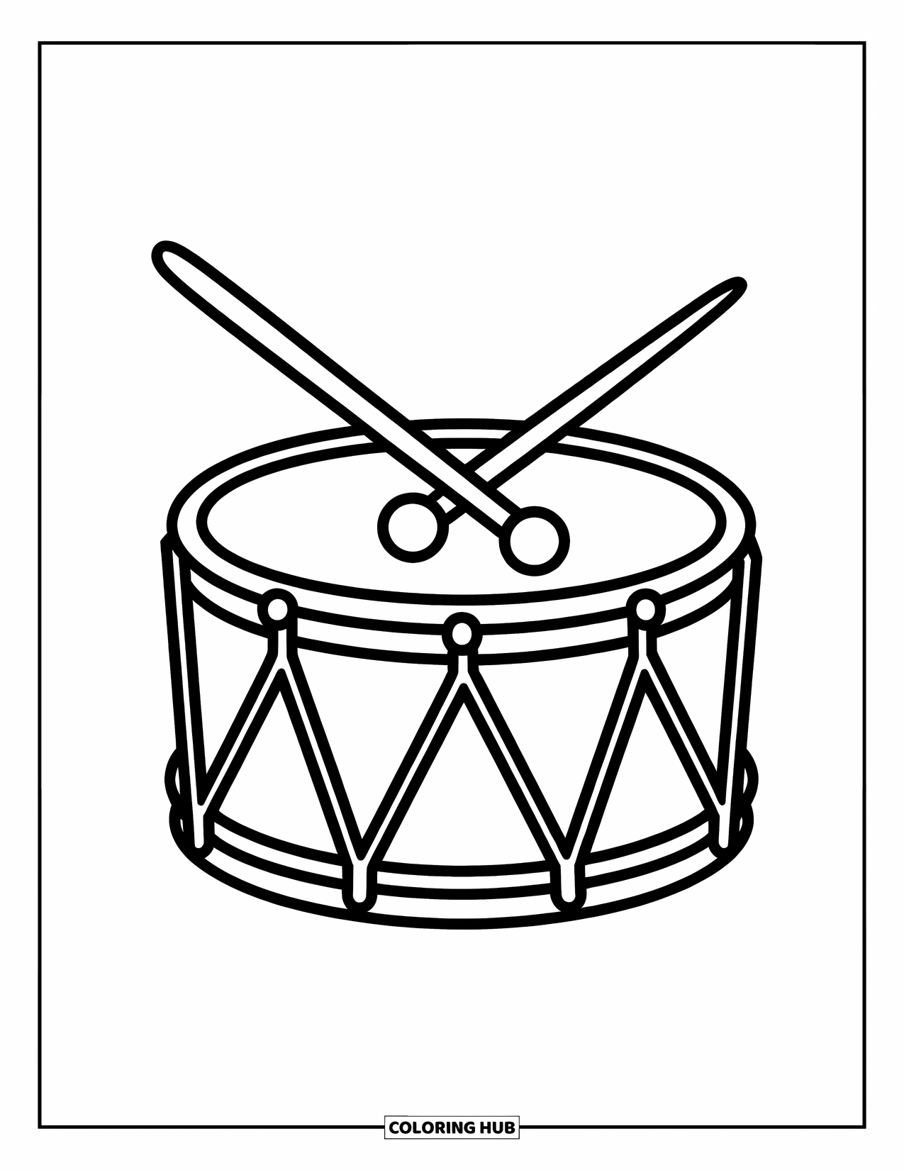 Coloriage de musique pour enfants : Un tambour de marche avec des baguettes croisées et des motifs décoratifs audacieux