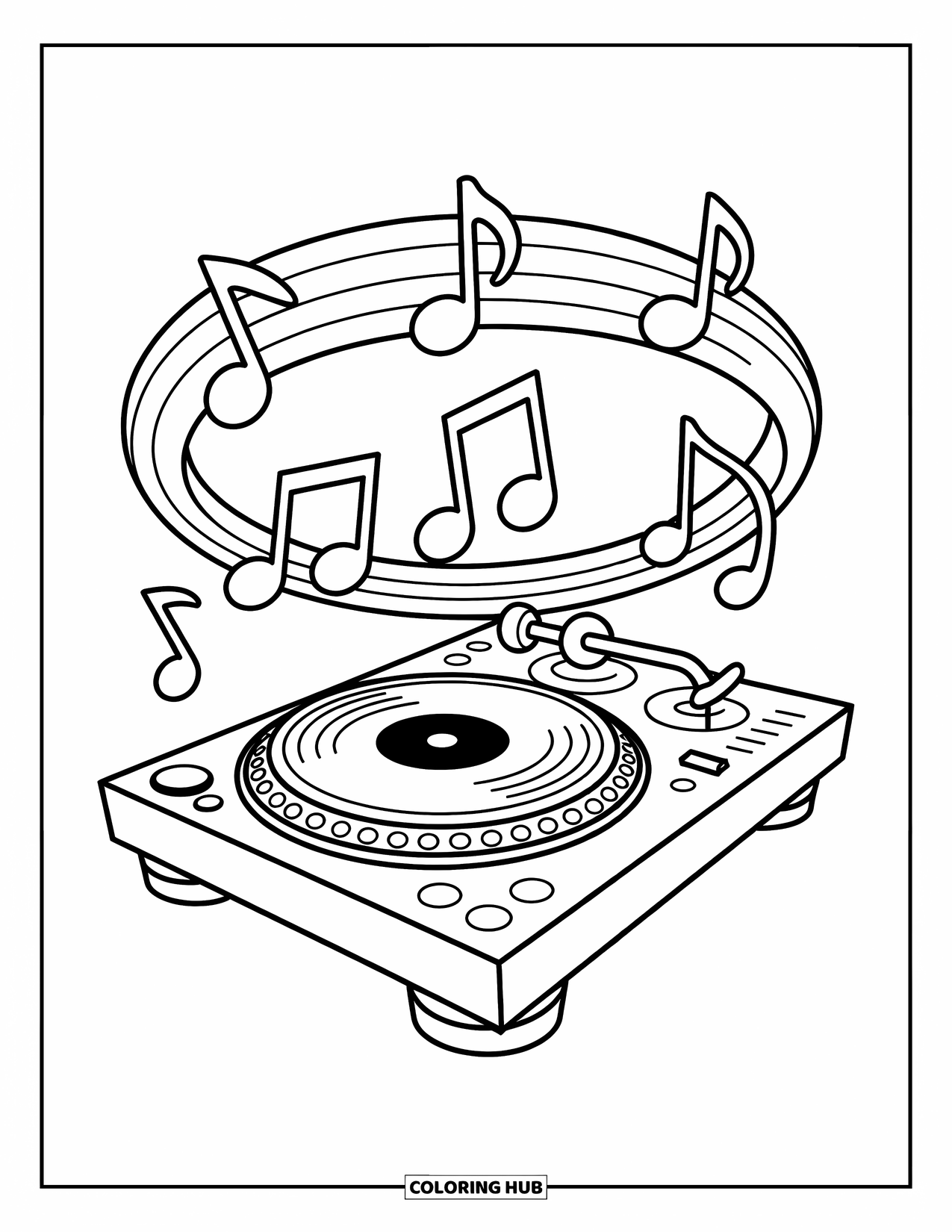 Coloriage de musique pour enfants : Des notes flottent en cercle autour d’une configuration de platine de DJ dynamique