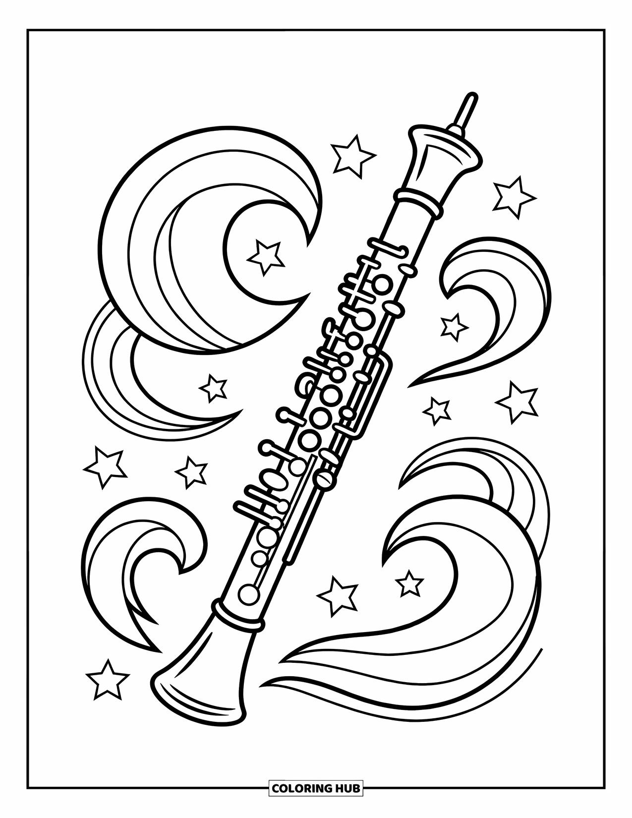 Coloriage de musique pour enfants : Un hautbois entouré de vagues et d’étoiles dans un design magique et musical