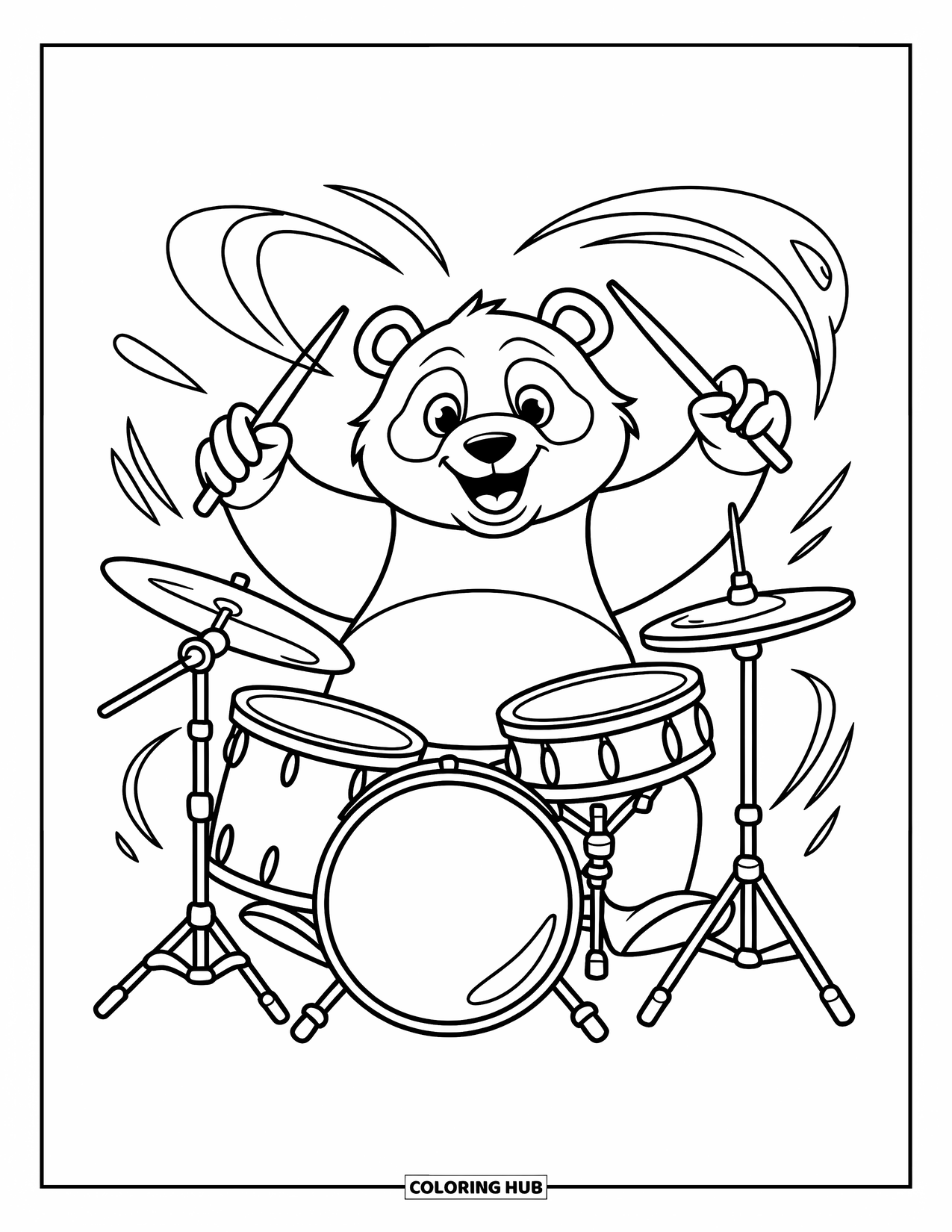 Coloriage de musique pour enfants : Un panda batteur se déchaîne avec des cymbales, des lignes de mouvement et un sourire espiègle