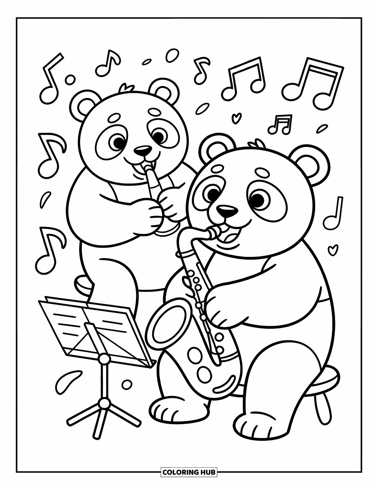 Coloriage de musique pour enfants : Un duo de pandas joue du saxophone avec des notes et un pupitre à proximité
