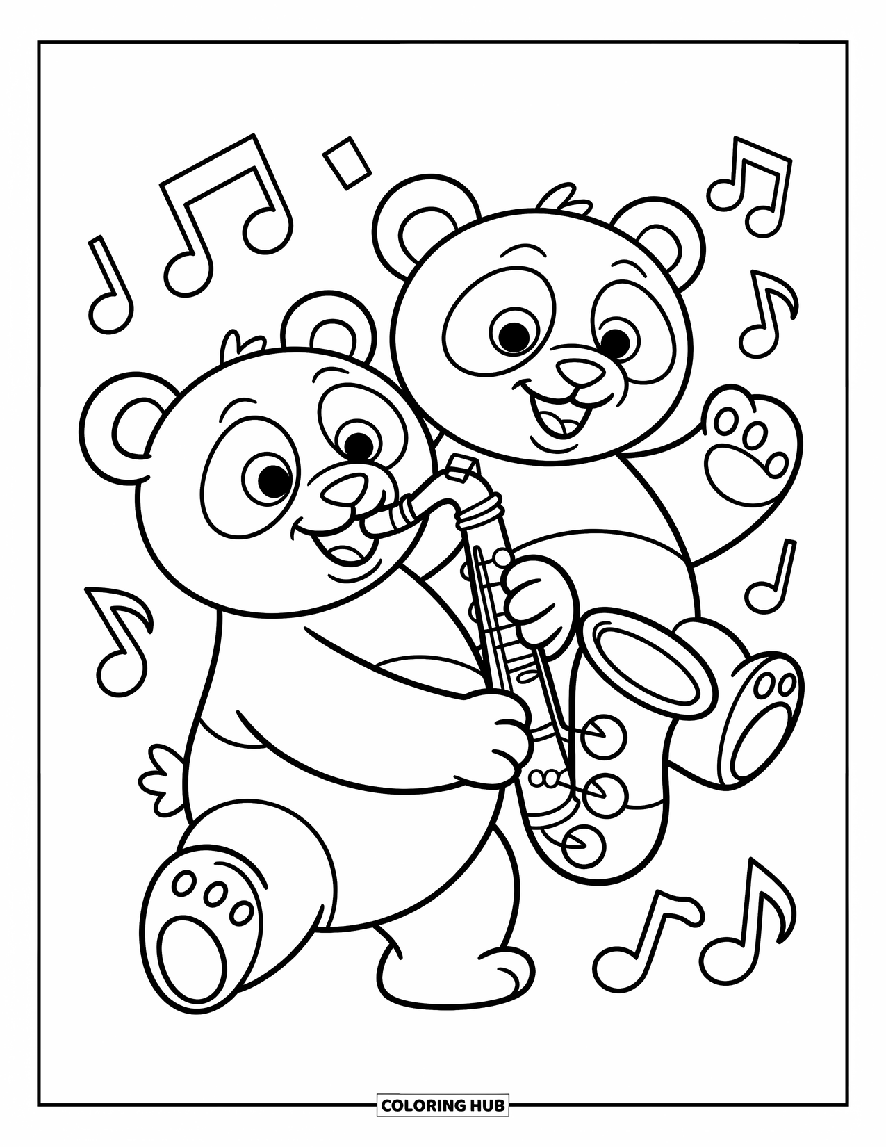Coloriage de musique pour enfants : Pandas avec un saxophone entourés de notes flottantes et d'une énergie ludique
