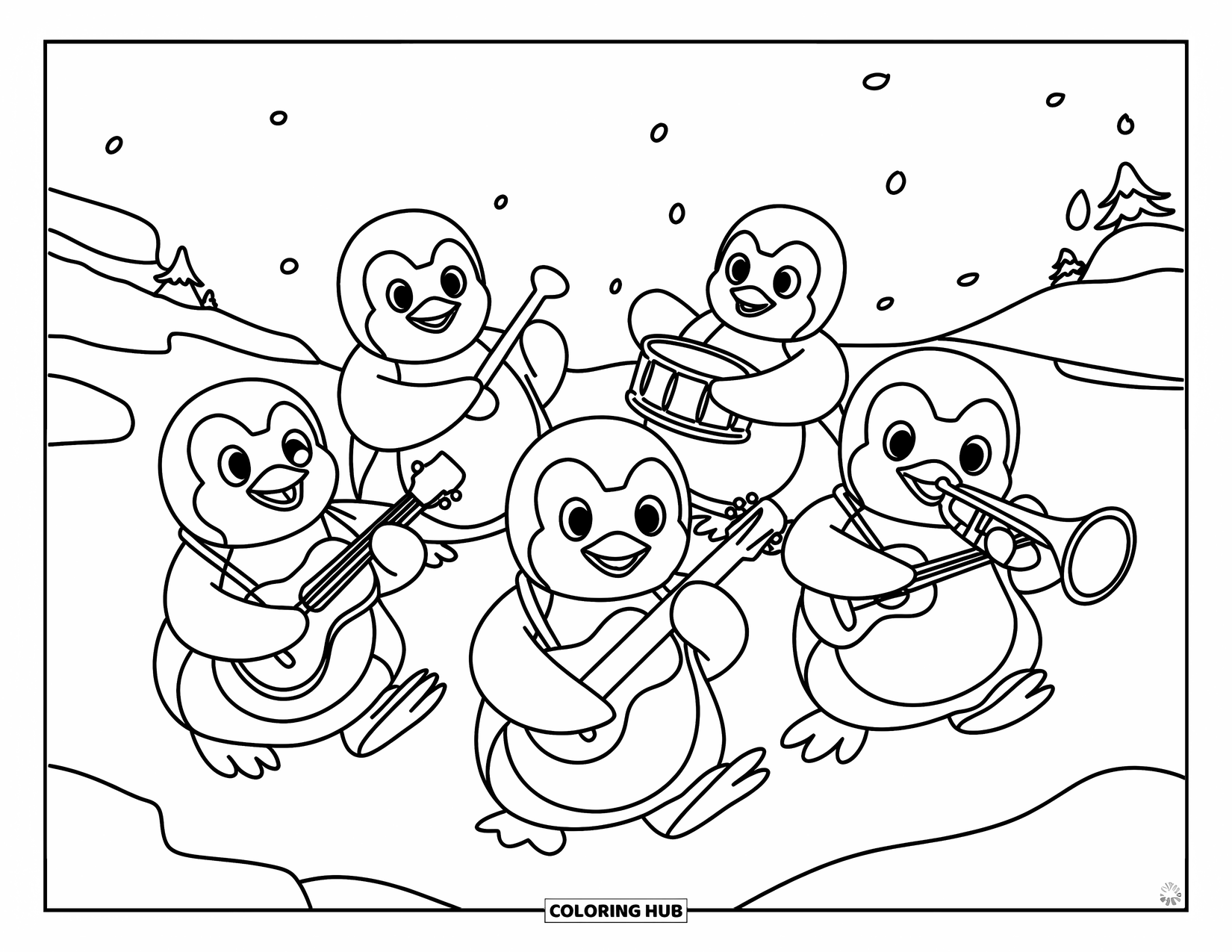 Coloriage de musique pour enfants : Des pingouins jouent des instruments dans une scène enneigée avec des visages joyeux et de la neige qui tombe