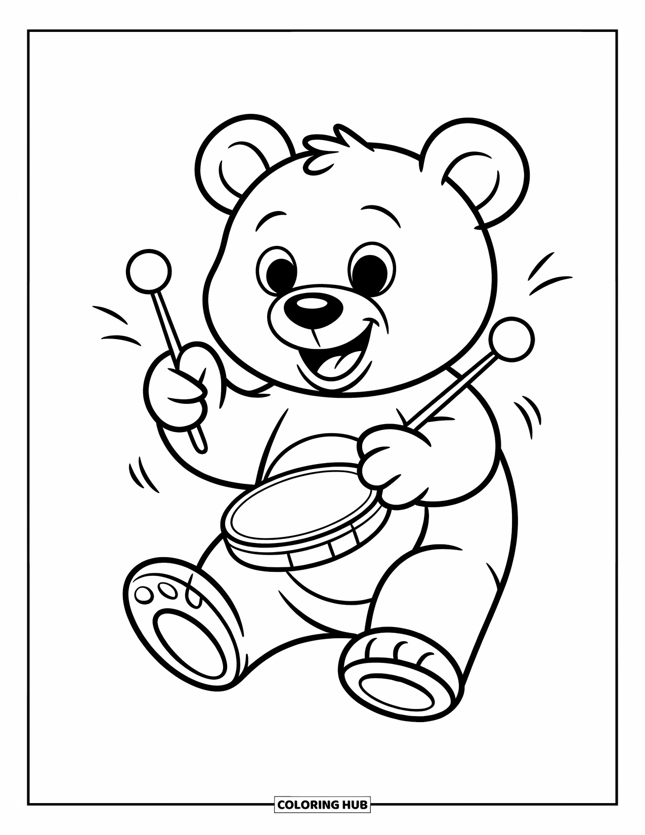 Coloriage de musique pour enfants : Un ours joueur frappe des cymbales avec des lignes énergiques et un grand sourire