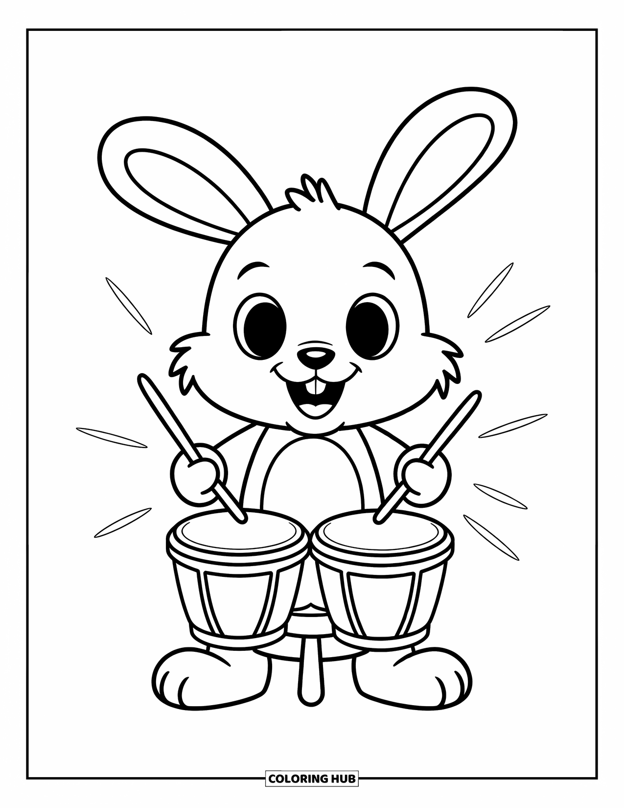 Coloriage de musique pour enfants : Un lapin joueur bat des bongos tandis que des lignes de musique tourbillonnent avec énergie