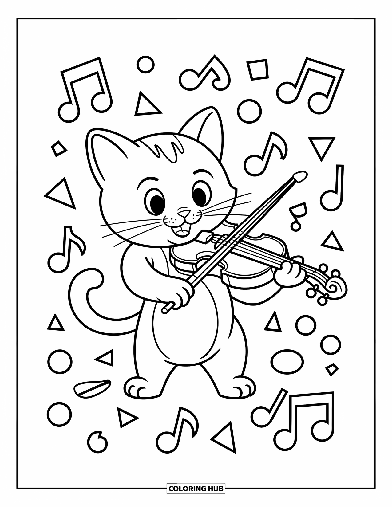 Coloriage de musique pour enfants : Un chat joueur s’enroule autour d’un violon, entouré de notes et de formes amusantes