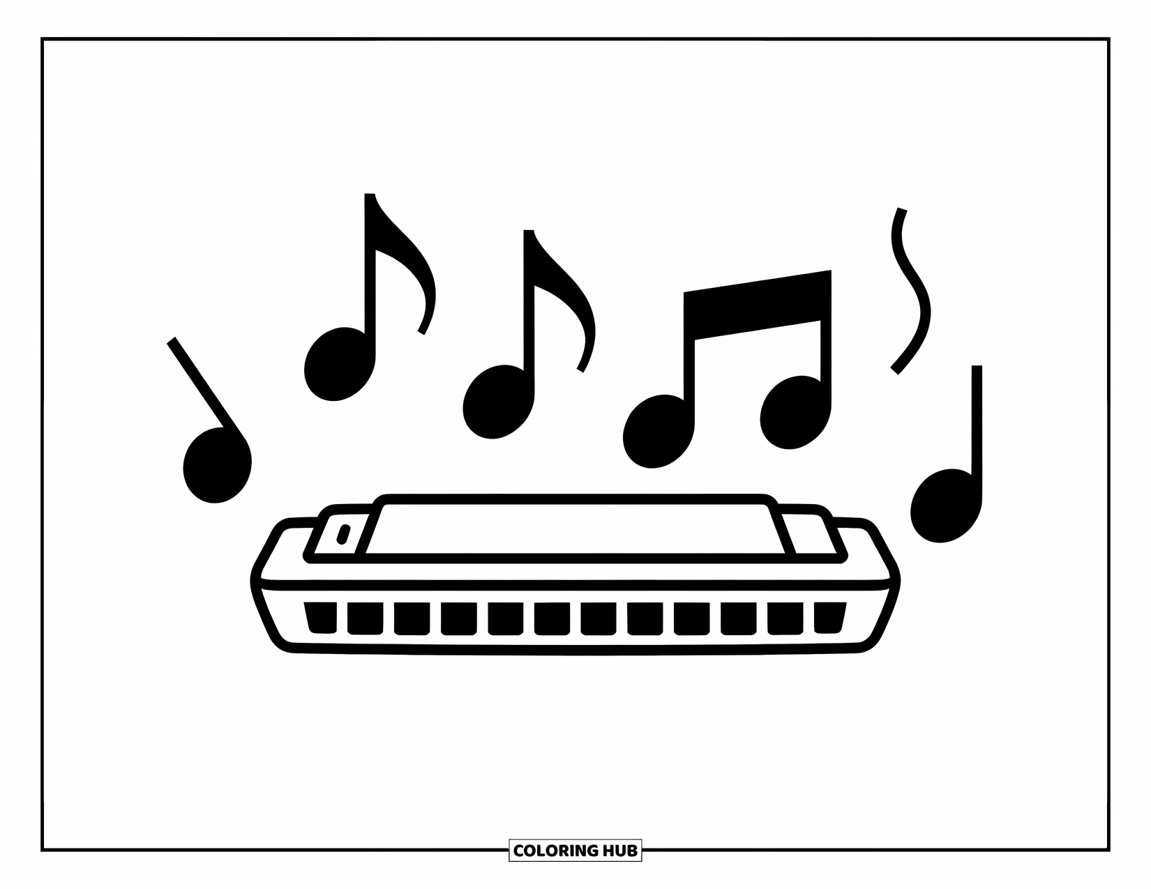 Coloriage de musique pour enfants : Un harmonica ludique avec des notes flottant au-dessus dans un design léger et joyeux
