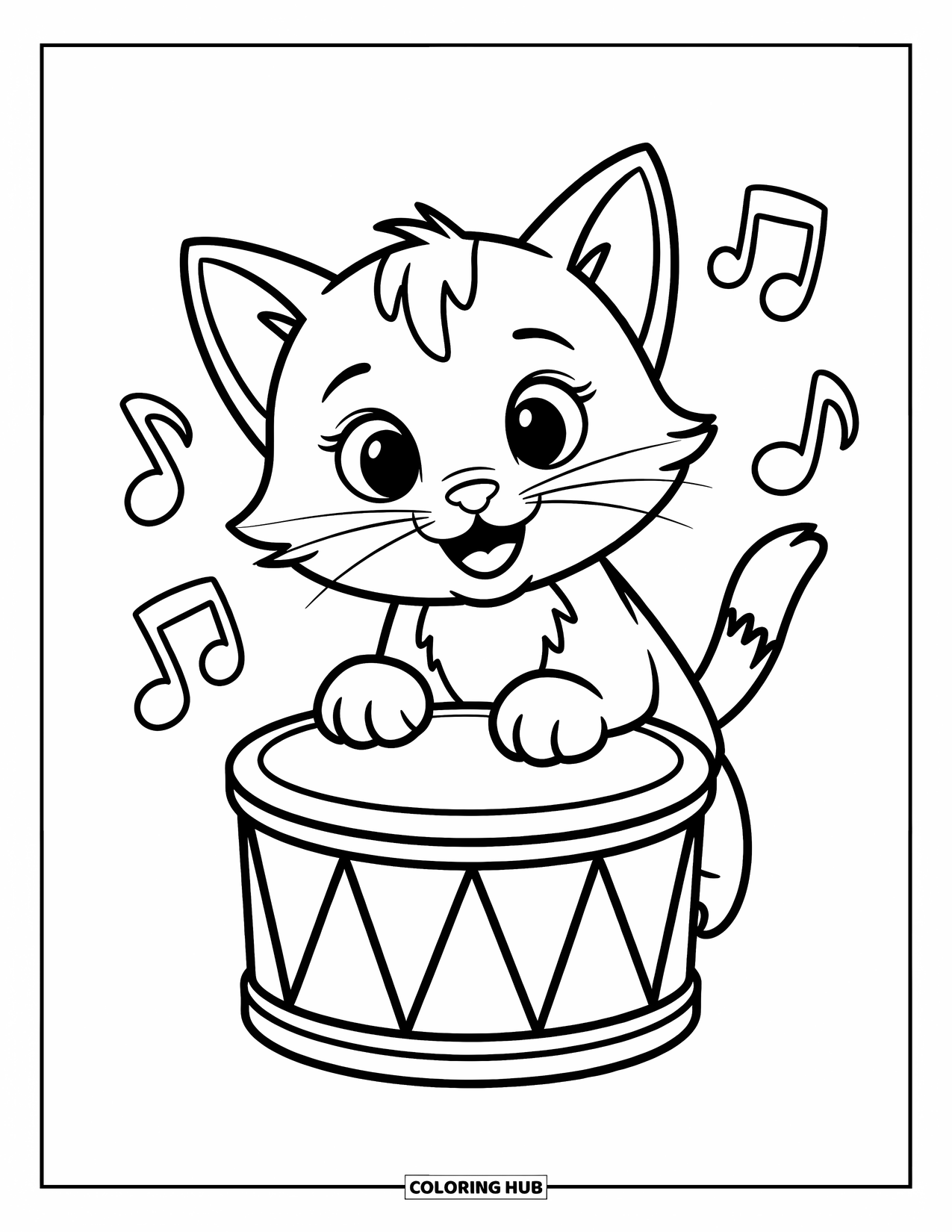 Coloriage de musique pour enfants : Un chaton joueur est assis à côté d'un tambour avec des notes flottant à proximité