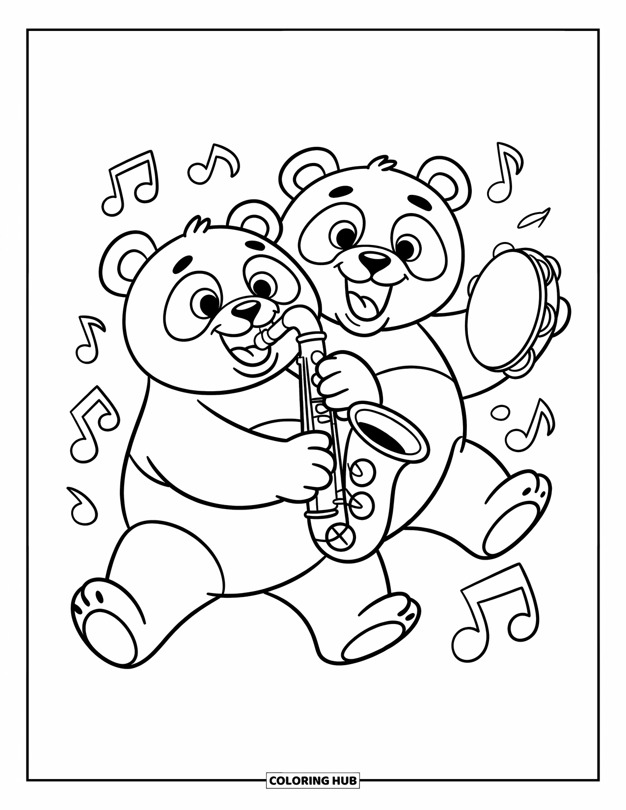 Coloriage de musique pour enfants : Des pandas joueurs font de la musique avec un saxophone et un tambourin, entourés de notes