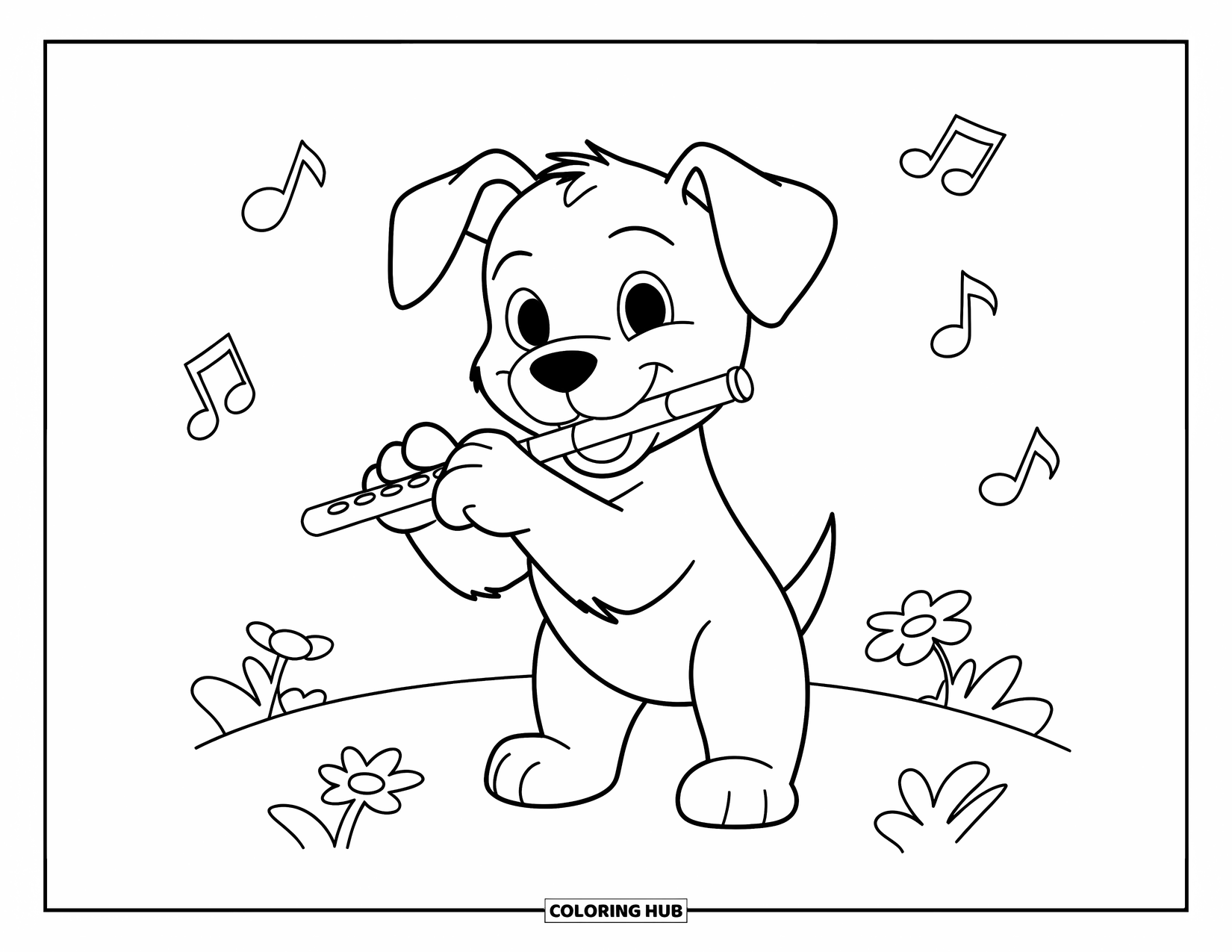 Coloriage de musique pour enfants : Un chiot joueur tient une petite flûte avec des notes et des fleurs tout autour