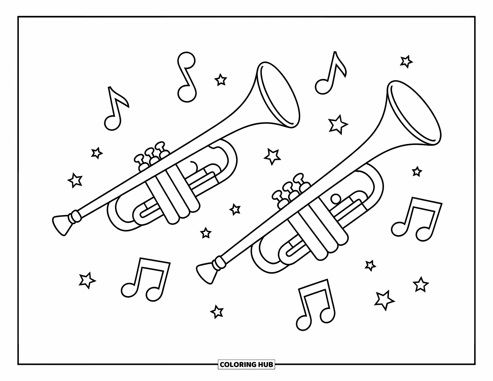Coloriage de musique pour enfants : Des trompettes côte à côte entourées de notes fantaisistes et de minuscules étoiles