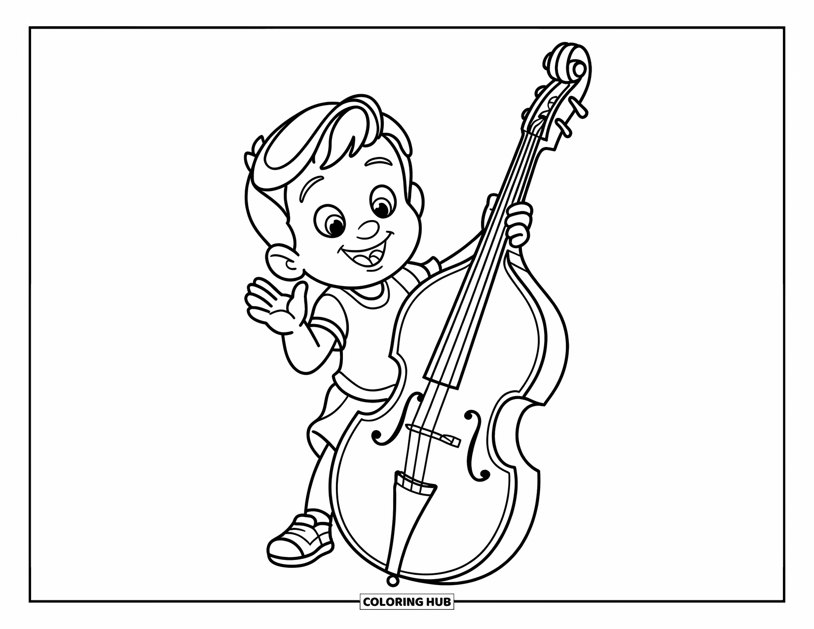 Coloriage de musique pour enfants : Un enfant souriant se tient à côté d’une grande basse avec une mise en page amusante et simple