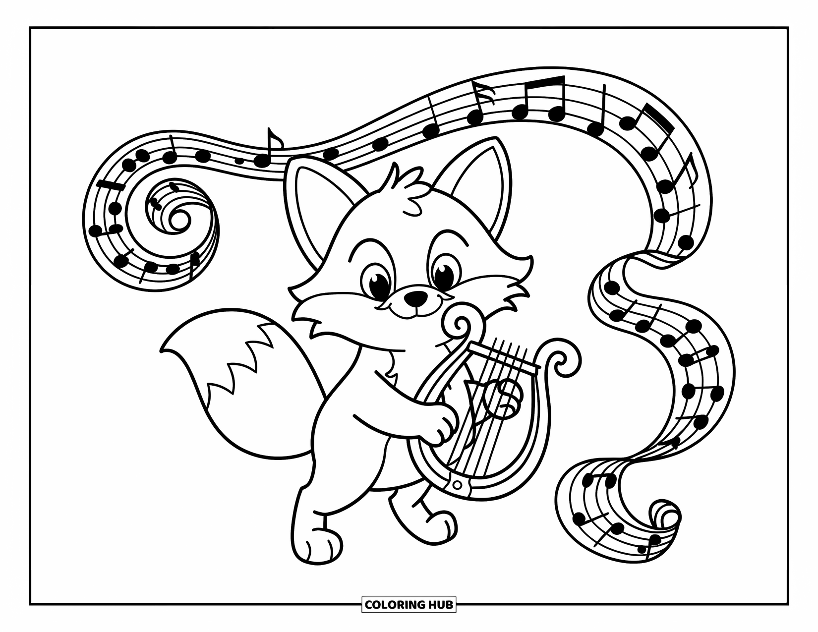 Coloriage de musique pour enfants : Un renard souriant avec une lyre et des notes de musique tourbillonnantes tout autour