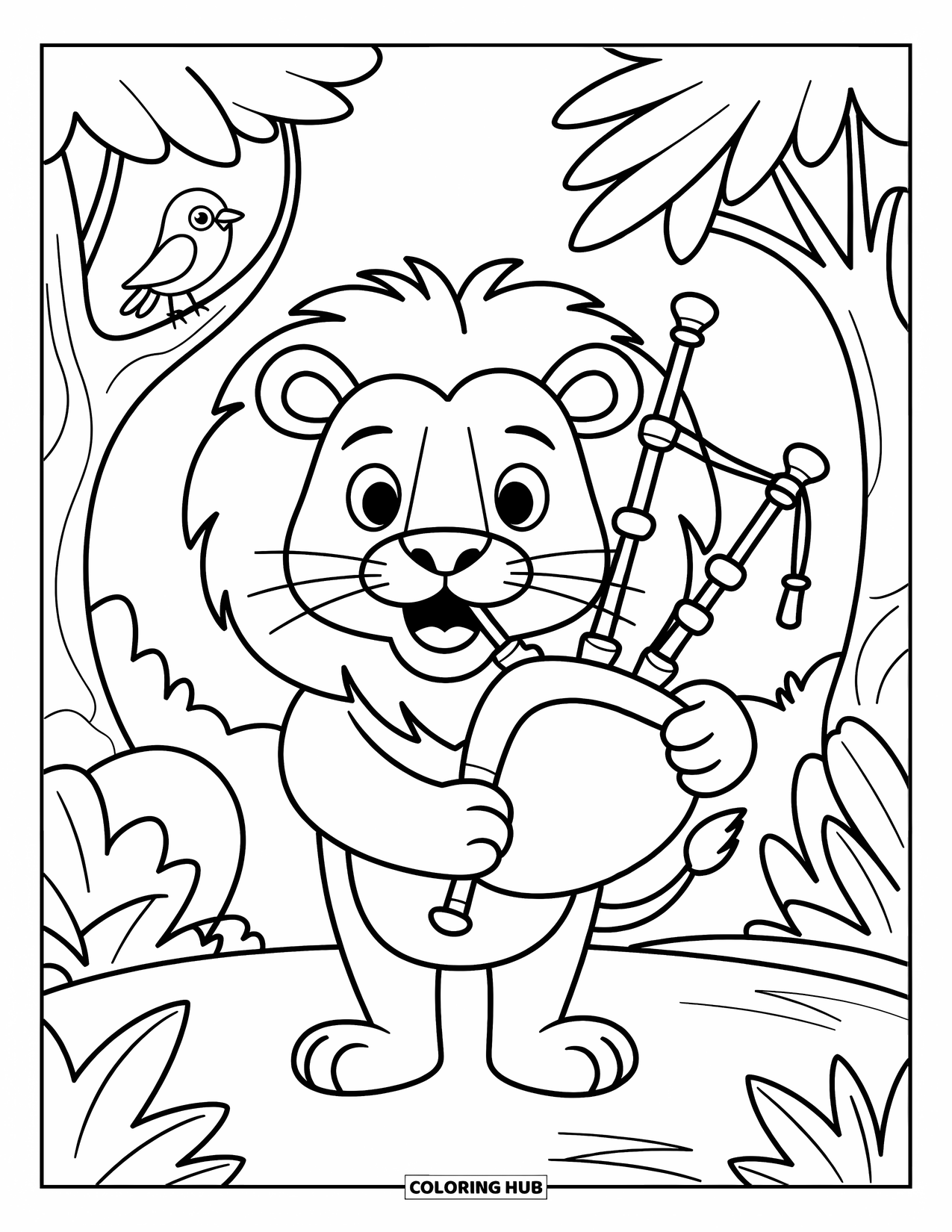 Coloriage de musique pour enfants : Un lion souriant joue de la cornemuse dans la jungle avec des arbres et un petit oiseau à proximité