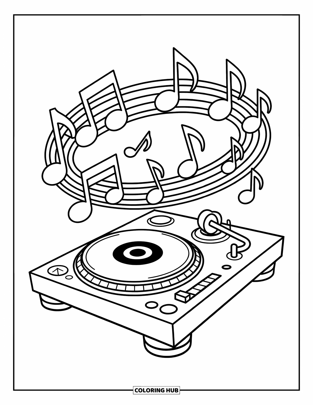 Coloriage de musique pour enfants : Des notes de musique tournoyantes orbitent autour d’une platine de DJ dans un design vivant