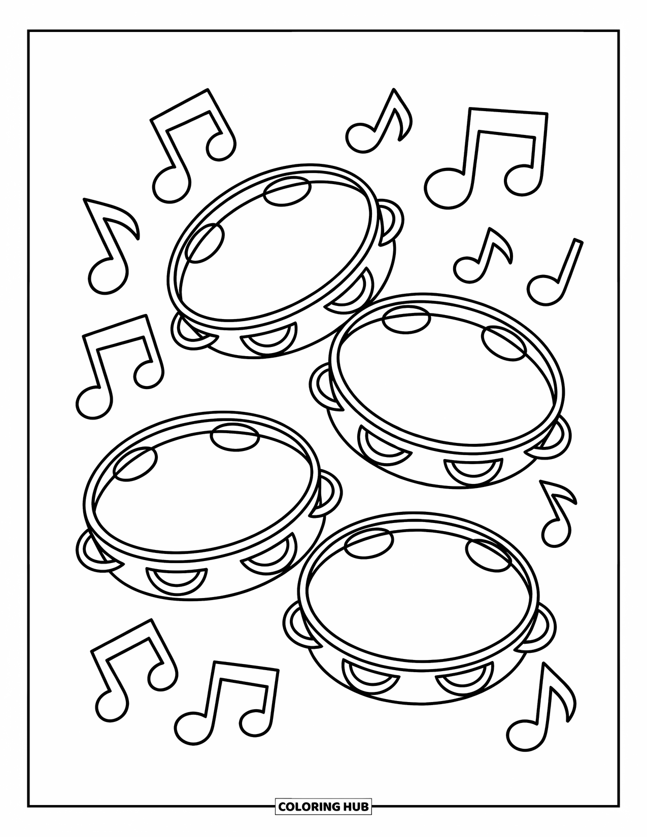 Coloriage de musique pour enfants : Des tambourins et des notes flottantes disposés dans une scène musicale joyeuse
