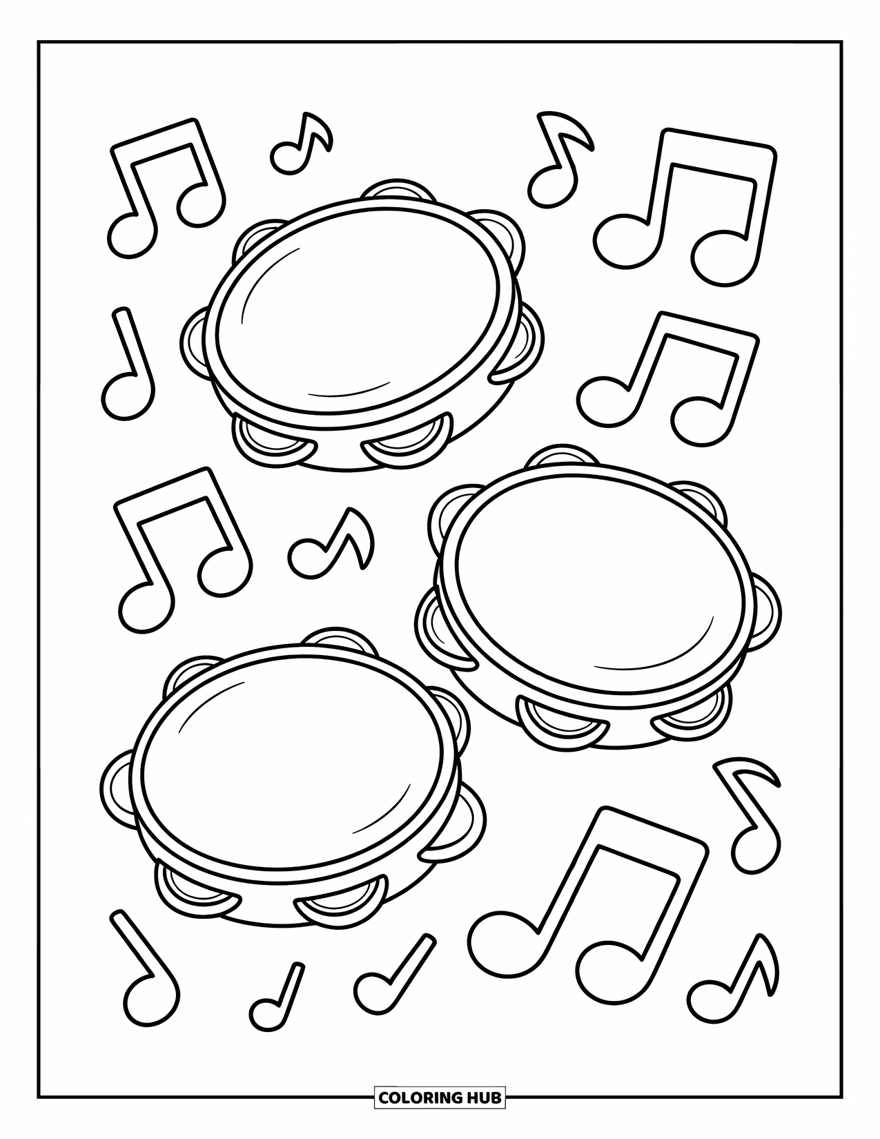 Coloriage de musique pour enfants : Trois tambourins avec des notes de musique joyeusement dispersées autour d'eux