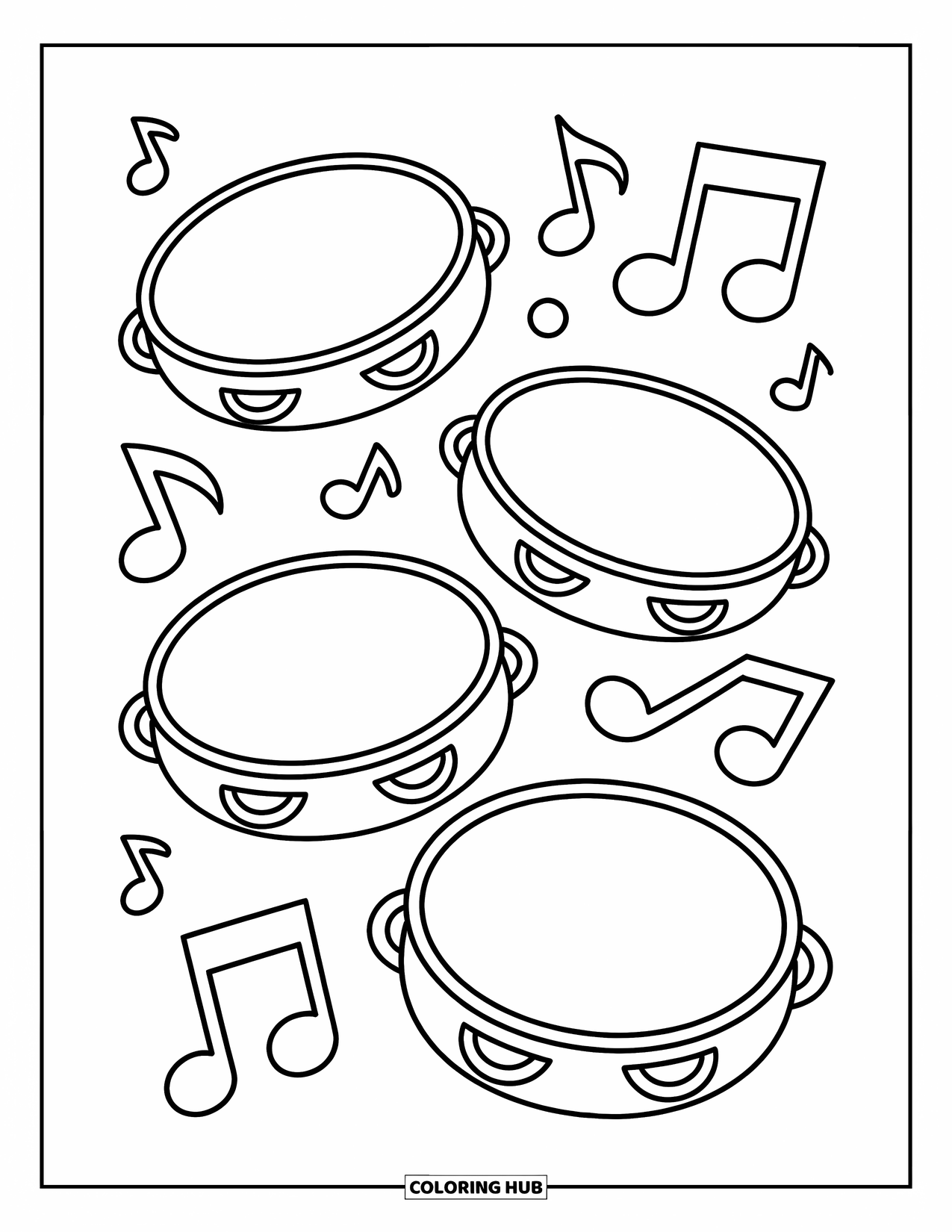 Coloriage de musique pour enfants : Trois tambourins avec des notes éparpillées et des formes faciles et amusantes à remplir