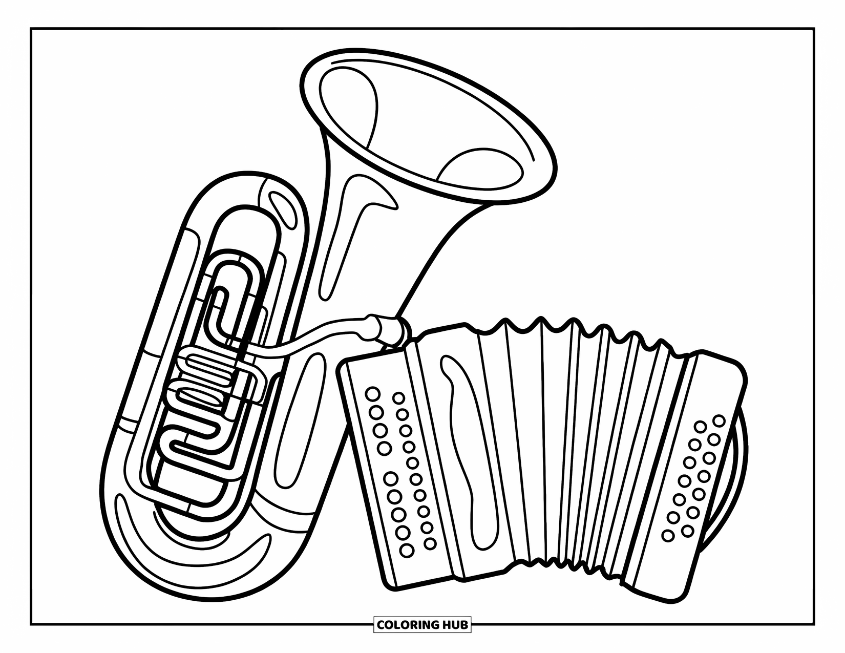 Coloriage de musique pour enfants : Un tuba et un accordéon avec des formes audacieuses et des courbes ludiques, parfaits pour les tout-petits