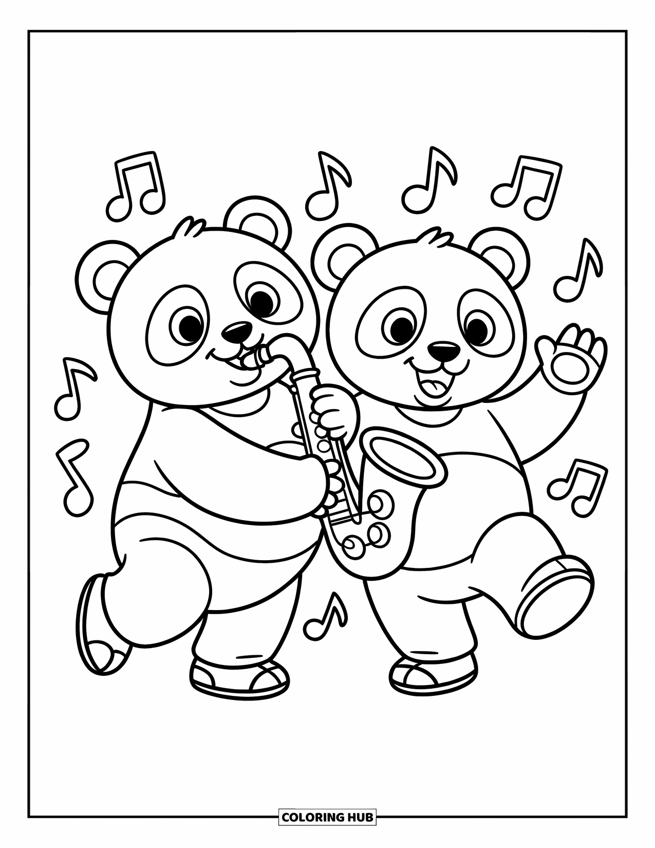 Coloriage de musique pour enfants : Deux pandas jouent du saxophone avec des notes de musique flottant dans une scène amusante et joyeuse