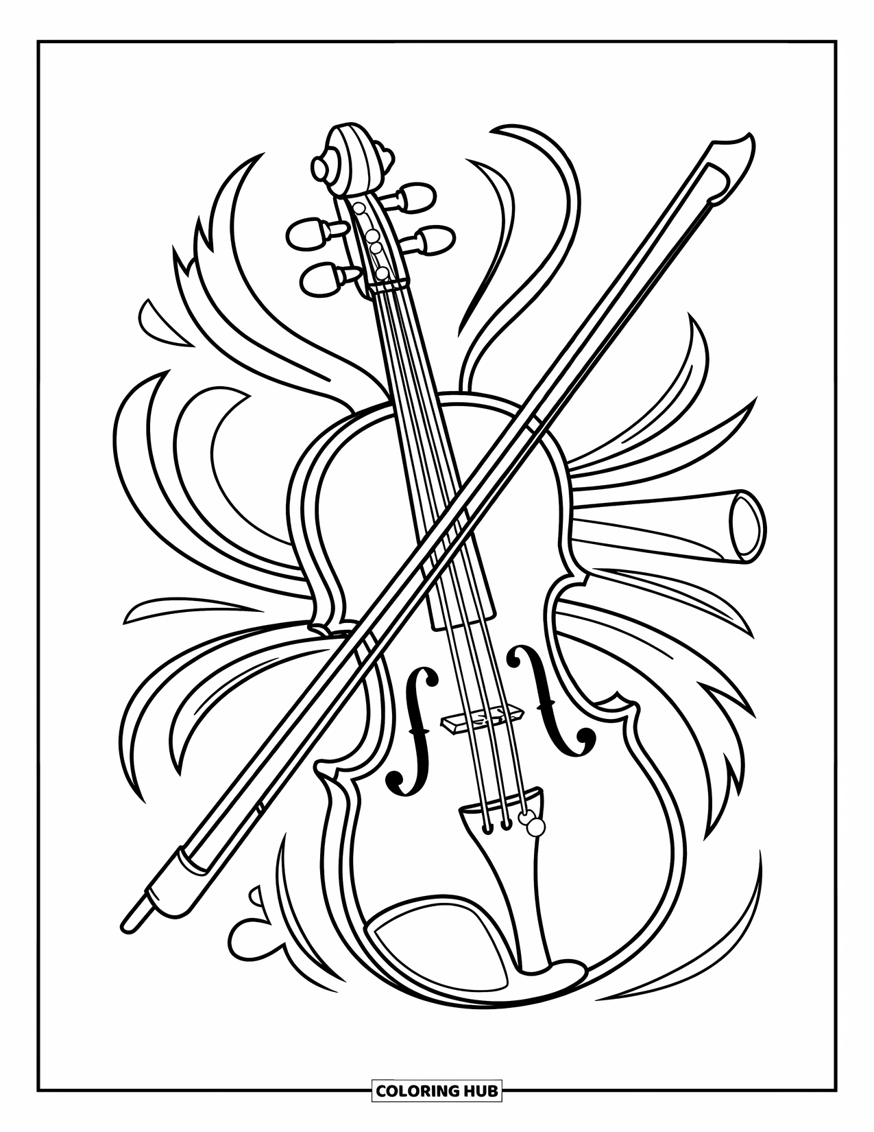 Coloriage de musique pour enfants : Un violon et un archet croisés avec des motifs tourbillonnants et des accents musicaux