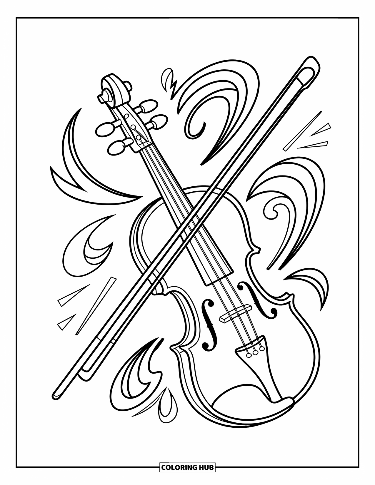 Coloriage de musique pour enfants : Un violon et un archet entourés de tourbillons, de notes et de touches décoratives modernes