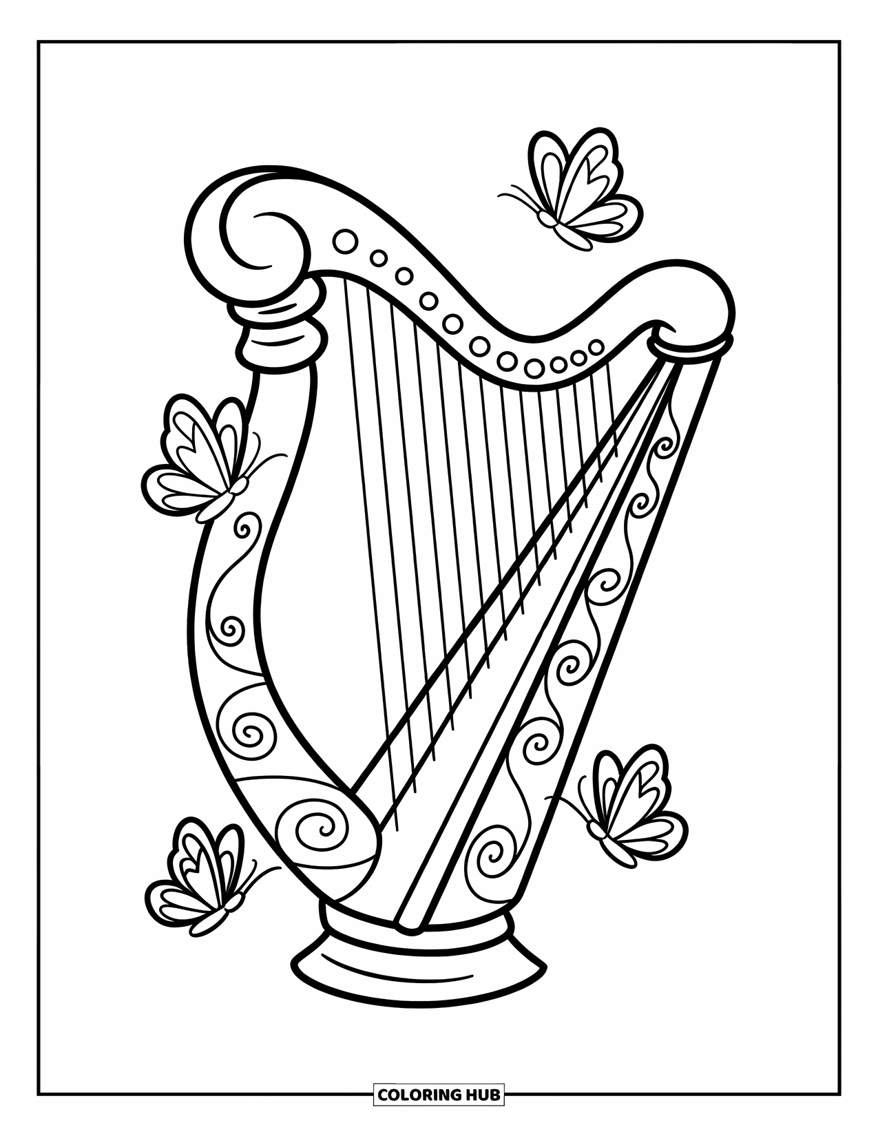 Coloriage de musique pour enfants : Harpe fantaisiste entourée de papillons et de motifs en spirale sinueux