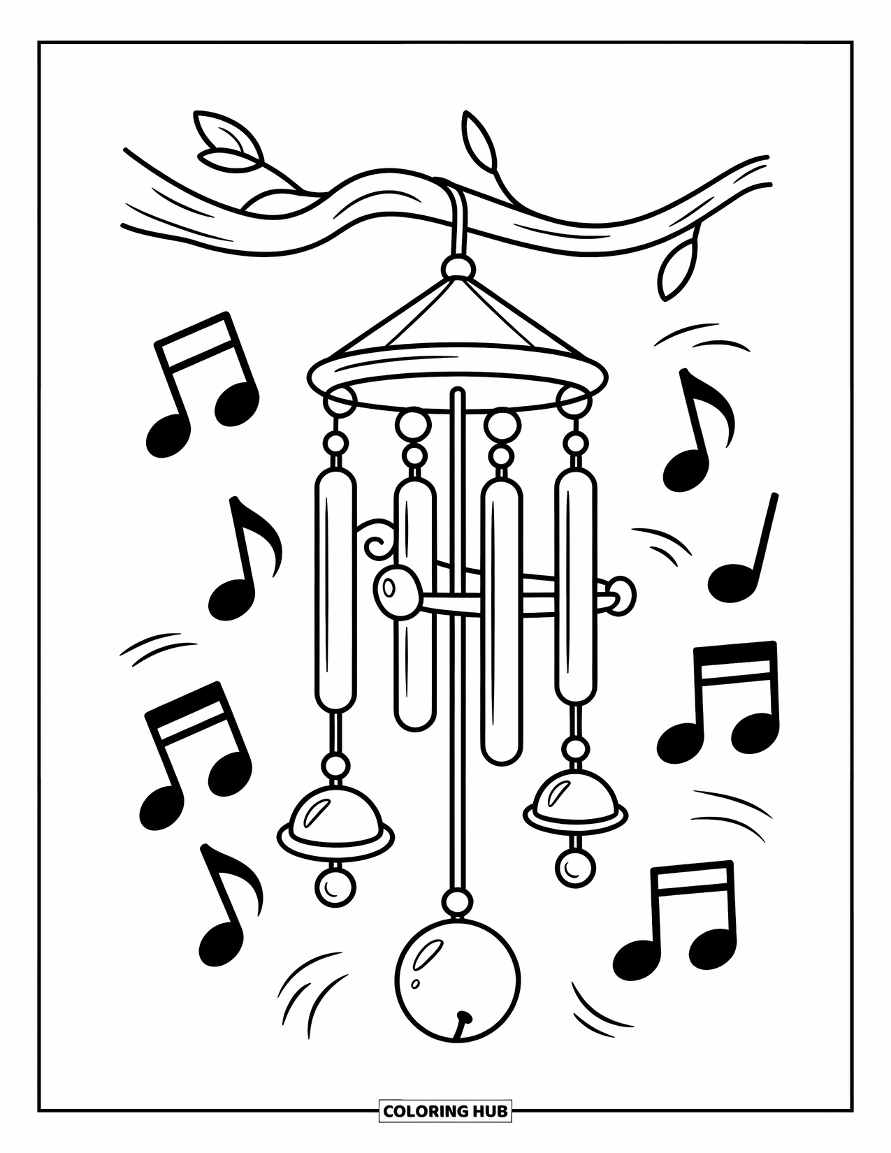 Coloriage de musique pour enfants : Des carillons éoliens sur une branche avec des notes ludiques et de simples détails décoratifs