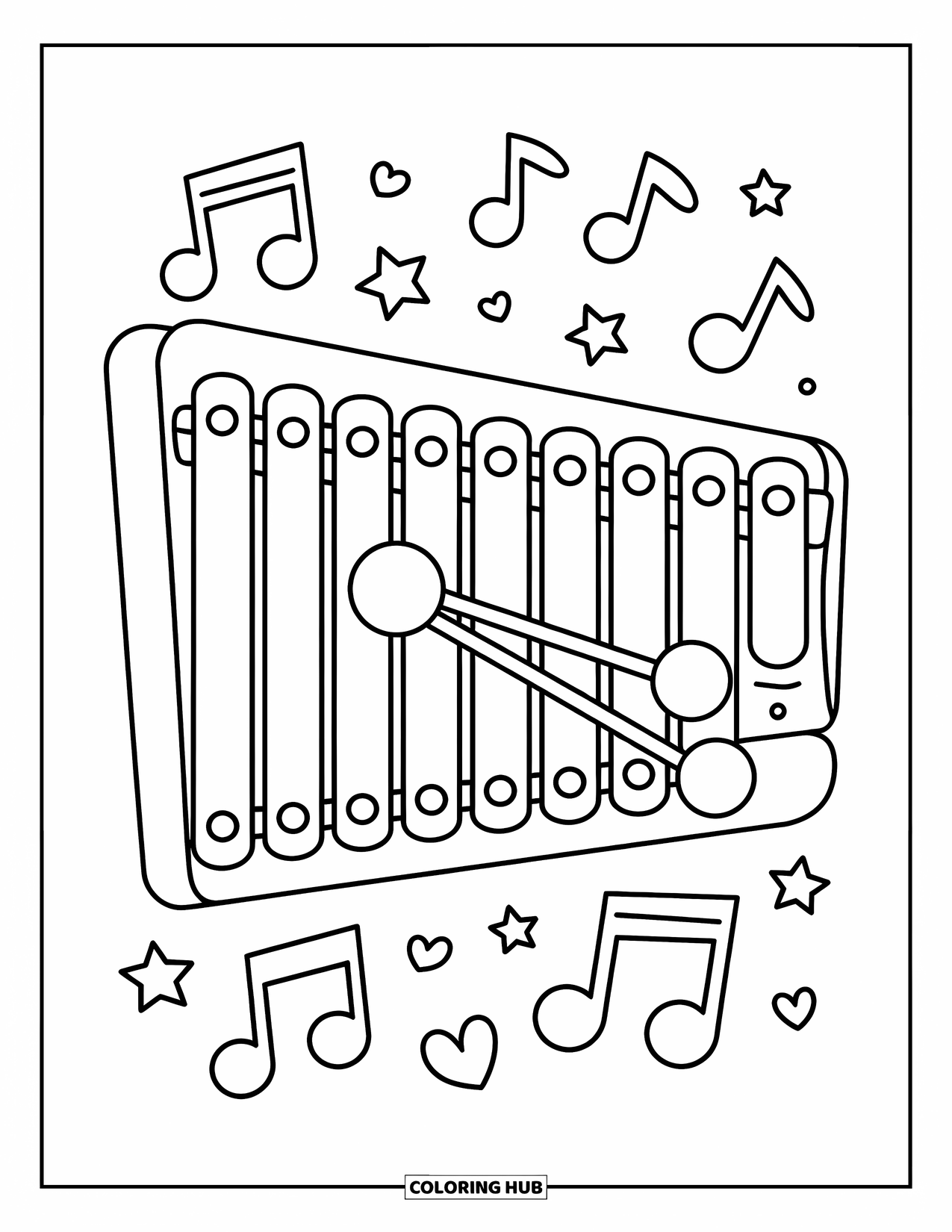 Coloriage de musique pour enfants : Un xylophone avec des maillets, des étoiles, des cœurs et des notes ludiques éparpillées autour