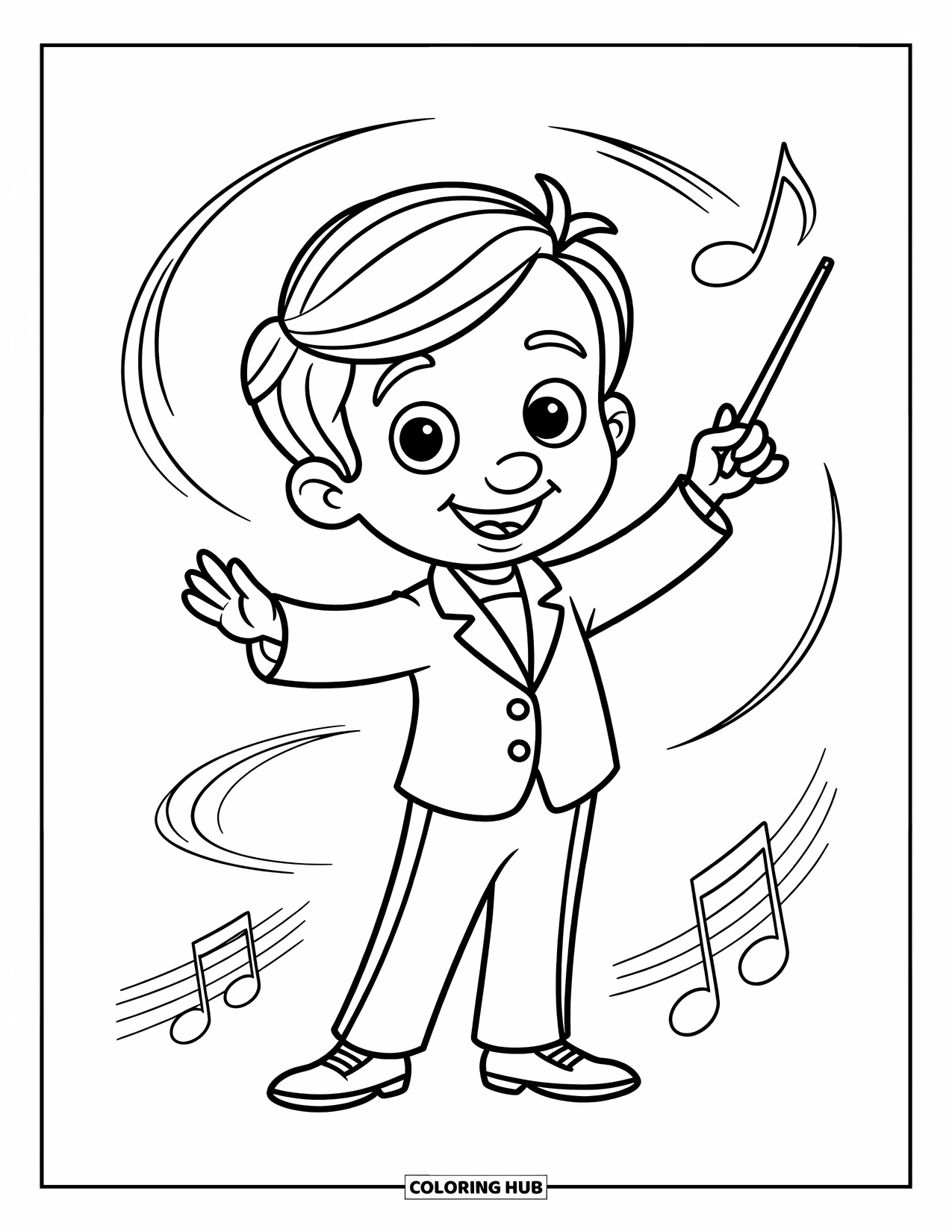 Coloriage de musique pour enfants : Un jeune chef d’orchestre tenant une baguette avec des lignes de mouvement et de musique