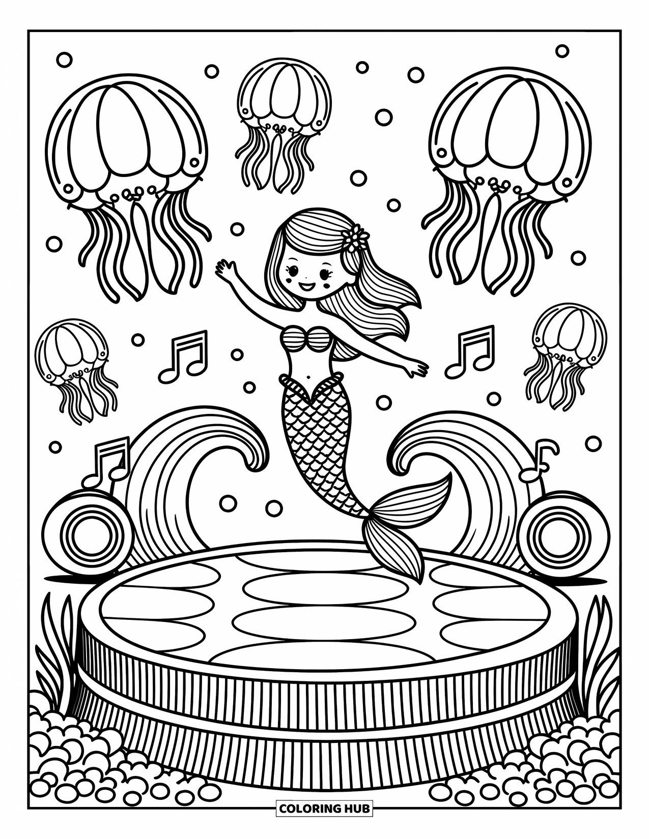 Coloriage Océan pour adultes : Une sirène joyeuse organise une fête sur le récif avec des lanternes de méduses flottantes et des notes de musique dansantes