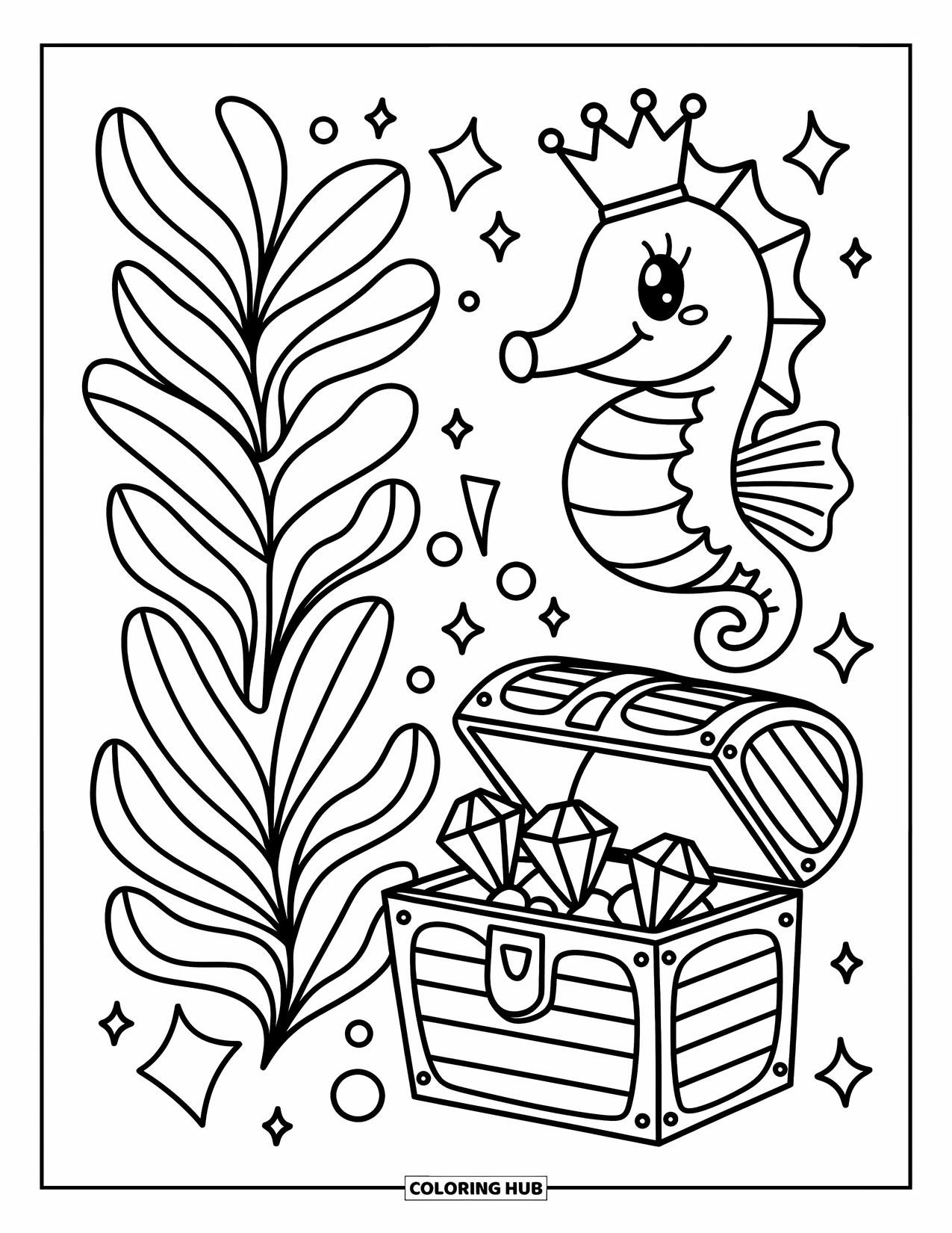 Coloriage Océan pour adultes : Un hippocampe couronné dérive près de plantes marines musicales et d’un coffre au trésor débordant de gemmes pétillantes