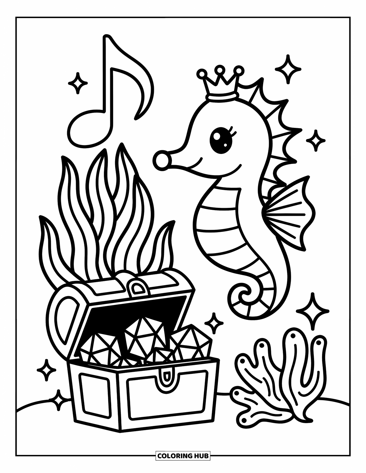 Coloriage Océan pour adultes : Un hippocampe couronné flotte près de plantes marines musicales et d’un coffre au trésor débordant de pierres précieuses ludiques