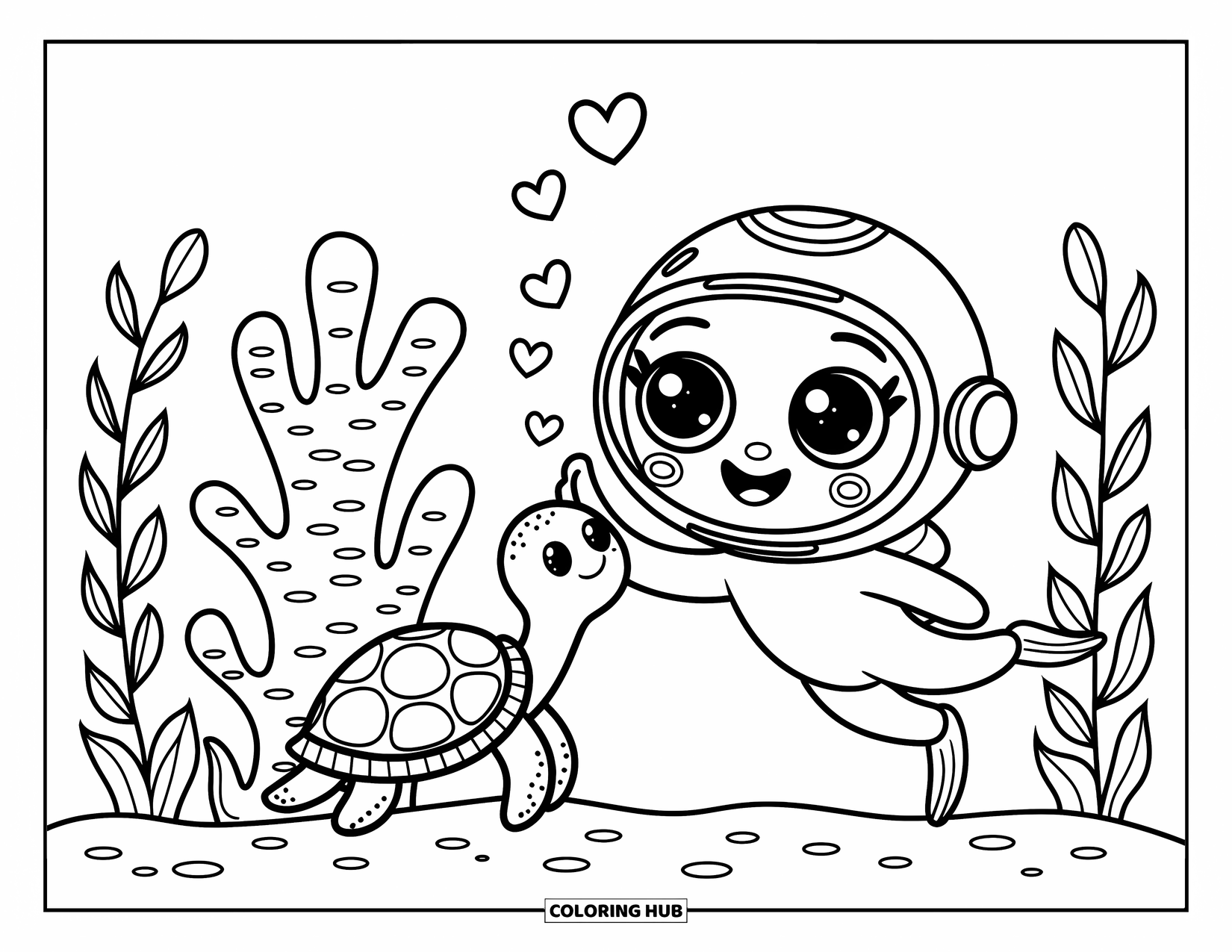 Coloriage Océan pour adultes : Un plongeur mignon et une tortue se tapent dans la main sous l’eau tandis que des bulles en forme de cœur flottent autour d’eux
