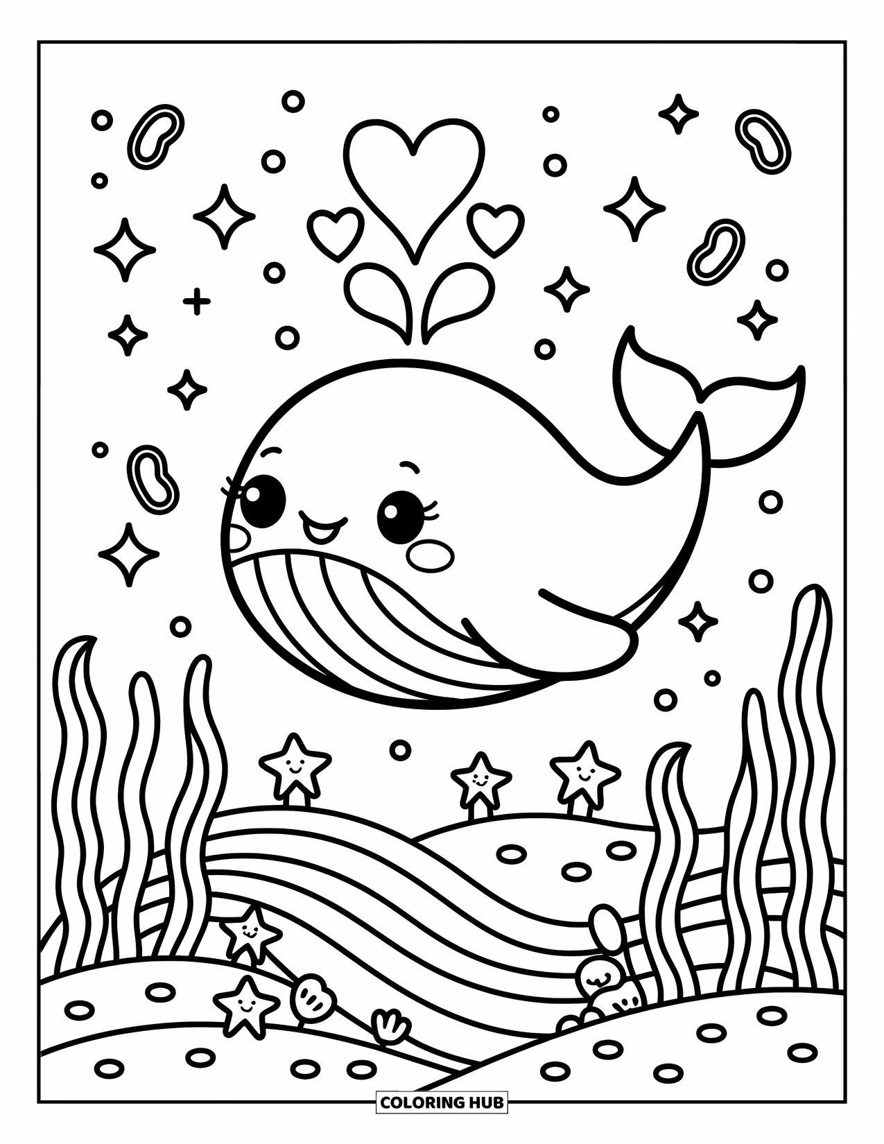 Coloriage Océan pour adultes : Une baleine mignonne souffle des bulles en forme de cœur au-dessus d’étoiles de mer souriantes, de minuscules coquillages et d’un arrière-plan magique