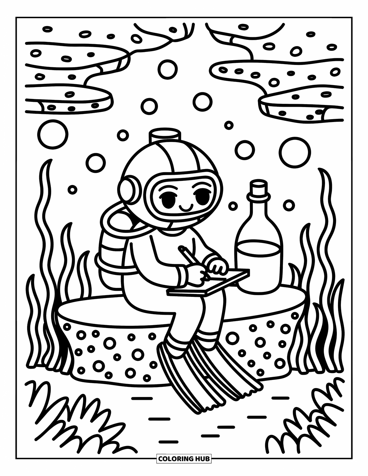 Coloriage Océan pour adultes : Un plongeur se détend sur un banc de corail, écrivant dans un journal près de bulles ludiques et d’une bouteille lumineuse