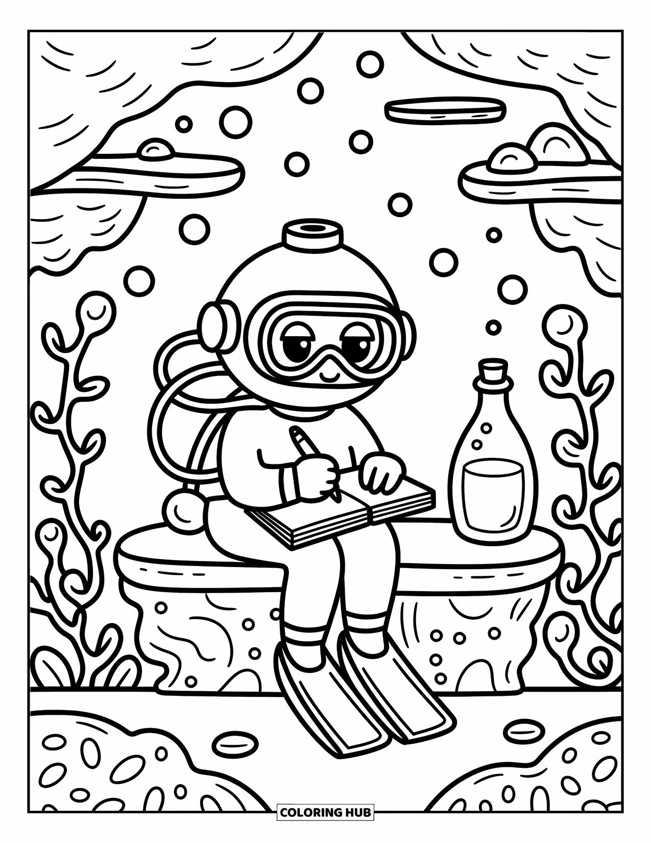 Coloriage Océan pour adultes : Un plongeur écrit dans un journal sur un banc de corail avec des vignes de bulles et une bouteille lumineuse à proximité