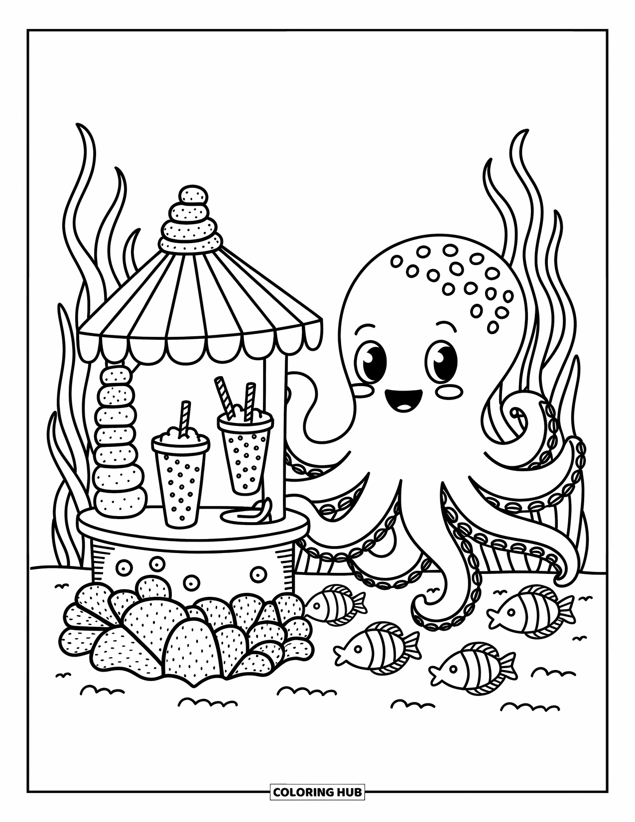 Coloriage Océan pour adultes : Une pieuvre amicale sert des frappés aux algues à partir d’un kiosque de corail à une foule de poissons joyeux