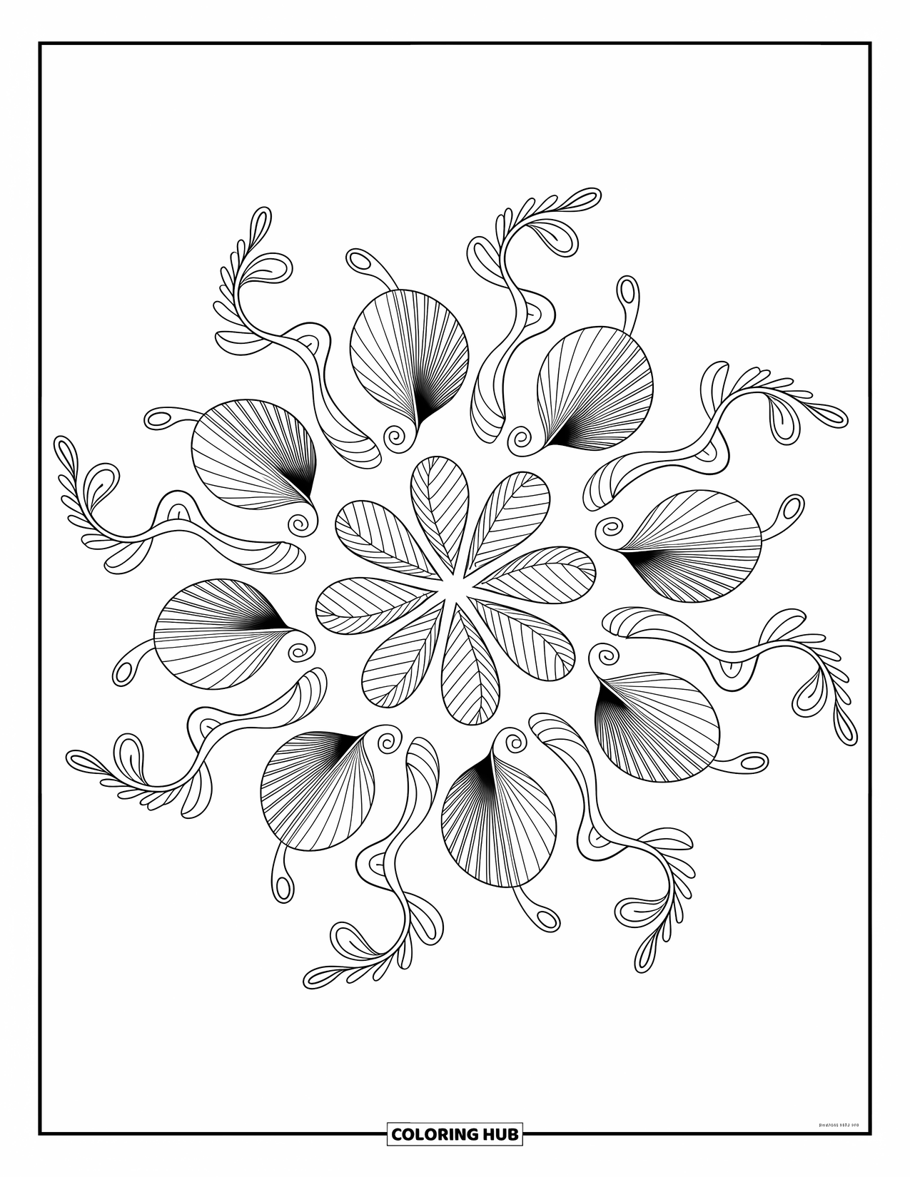 Coloriage Océan pour adultes : Un doux mandala de coquillages et d’algues s’étend vers l’extérieur avec de minuscules boucles et des motifs calmes