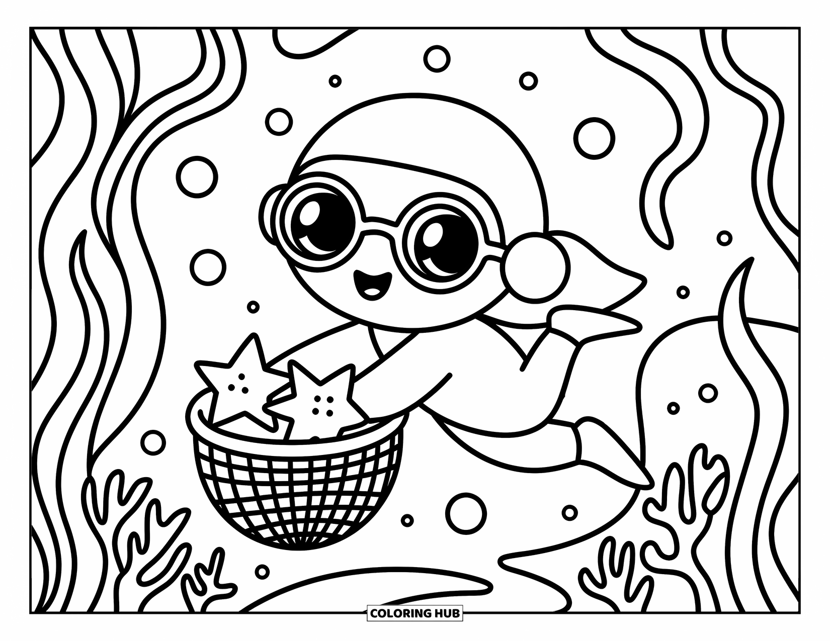 Coloriage Océan pour adultes : Un plongeur heureux ramasse des coquillages en forme d’étoile dans un panier, entouré de clôtures de corail et d’algues