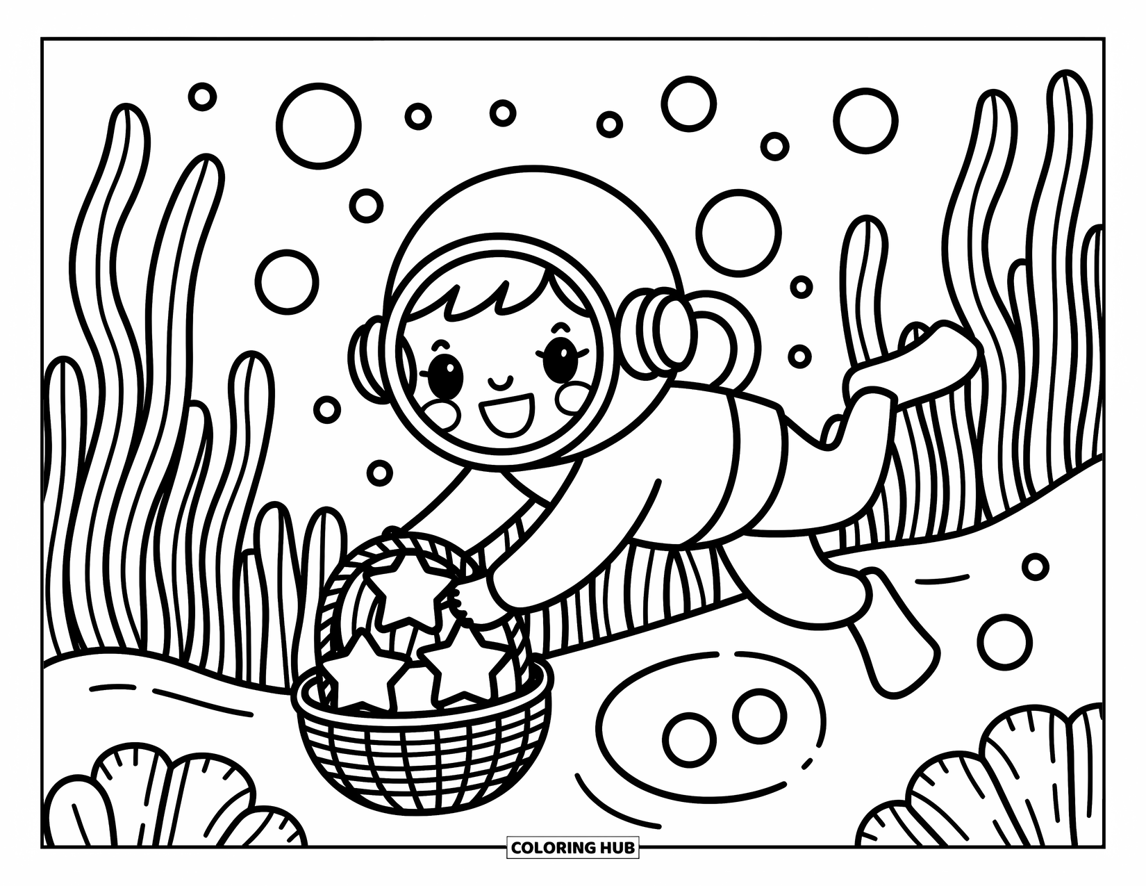 Coloriage Océan pour adultes : Un plongeur heureux remplit un panier de coquillages en forme d’étoile à côté d’algues fluides et de clôtures de corail