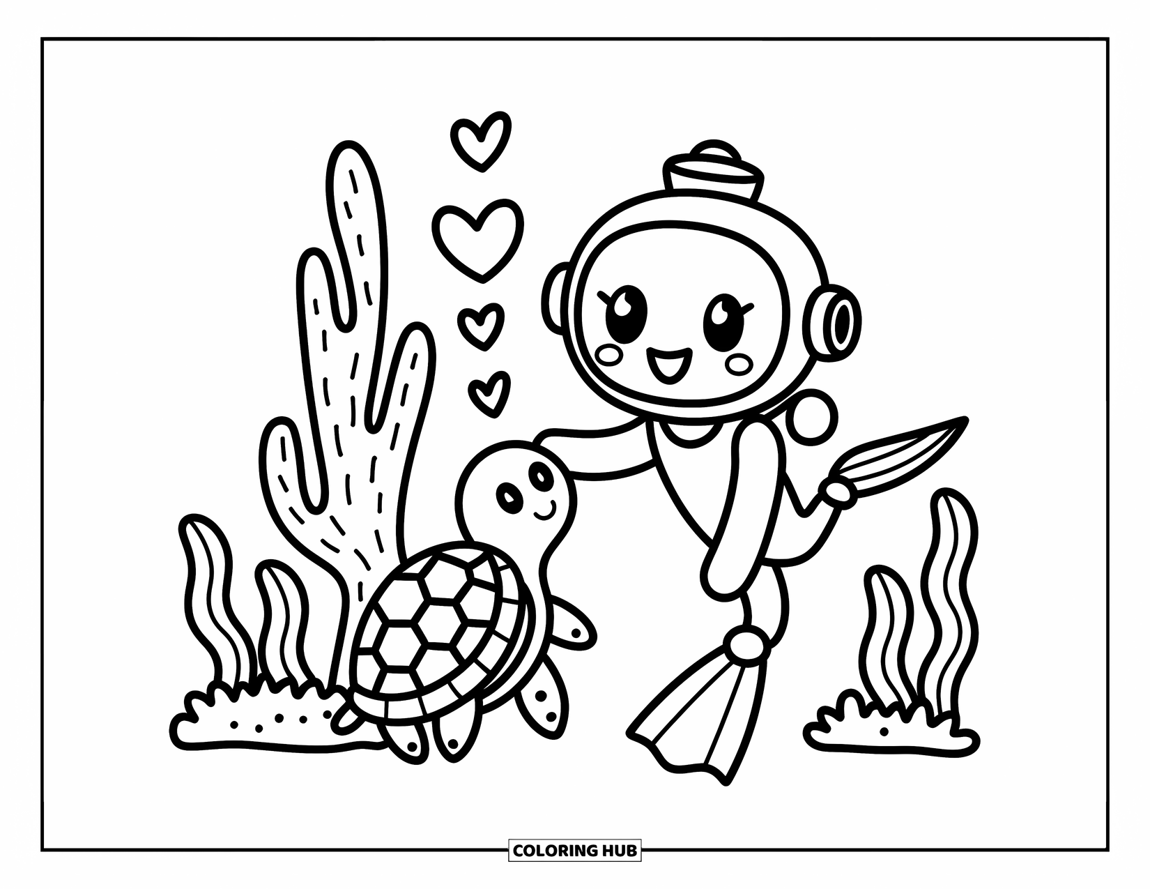 Coloriage Océan pour adultes : Un plongeur joyeux et une tortue se tapent dans la main près du corail, encadrés par des algues ludiques et de minuscules détails