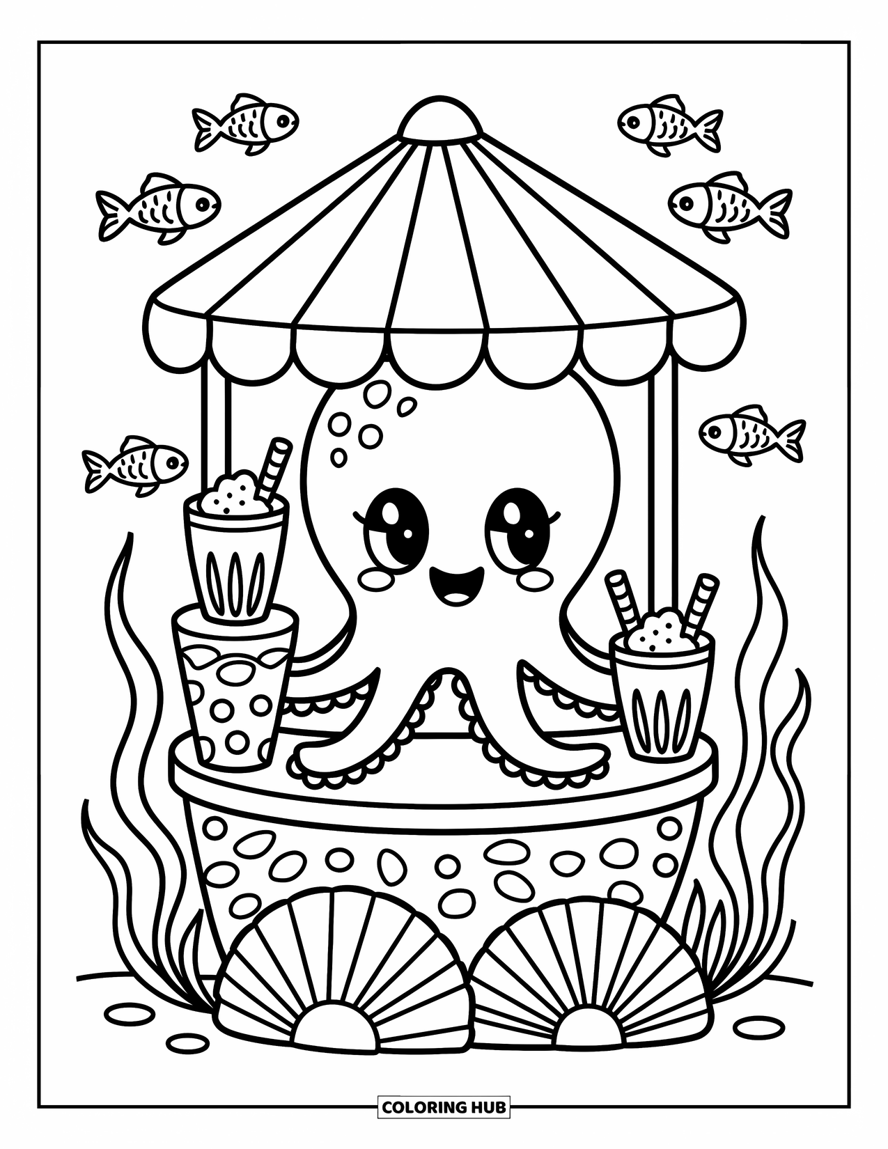 Coloriage Océan pour adultes : Une pieuvre joyeuse tient un stand de smoothies au corail tandis que des poissons nagent et que des herbes marines se balancent doucement