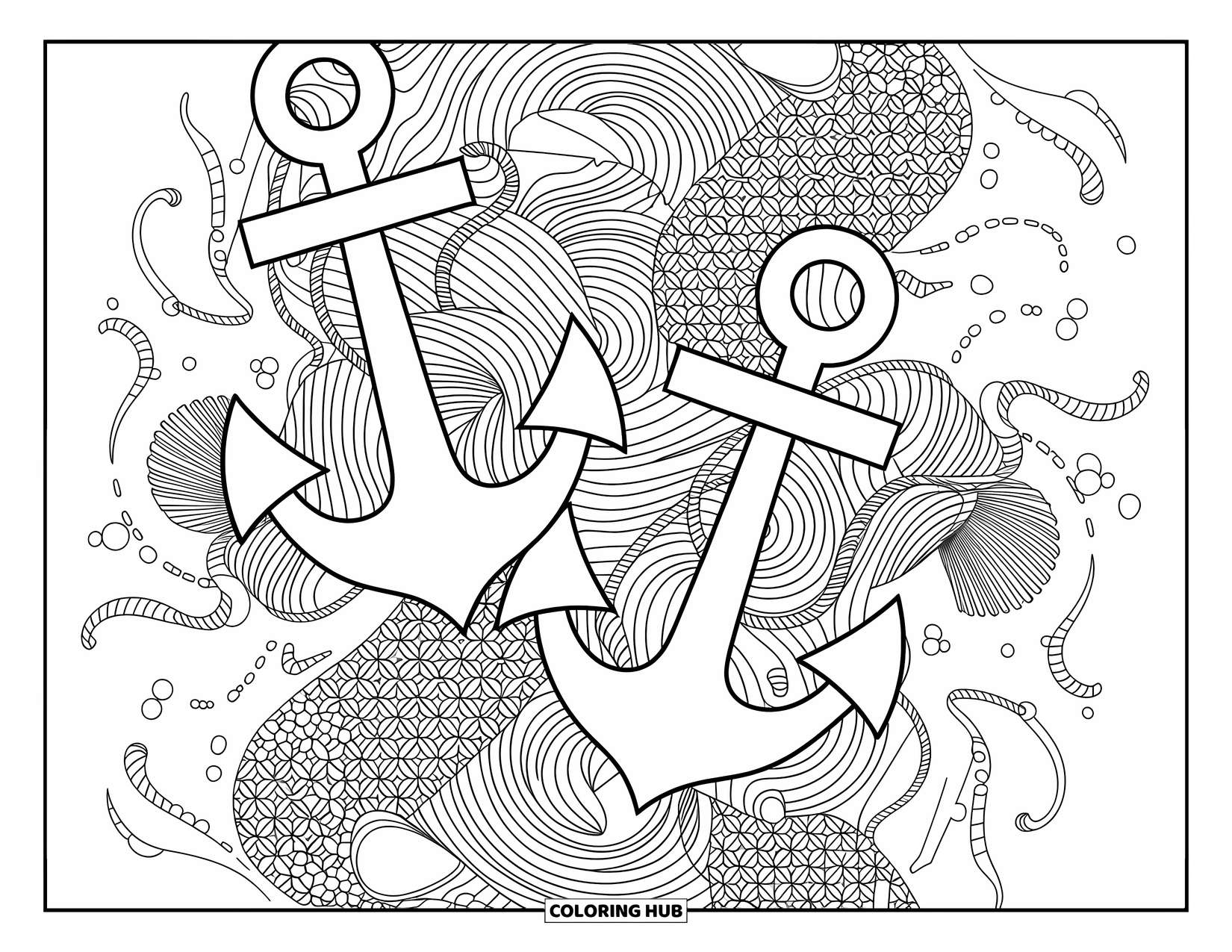 Coloriage Océan pour adultes : Un mélange d’ancres, de nœuds et de coquillages remplit la page de charme d’inspiration océanique