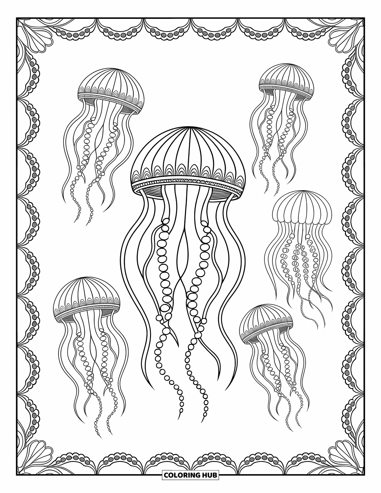 Coloriage Océan pour adultes : Un groupe paisible de méduses se balance dans l’eau, encadré par une bordure douce et détaillée
