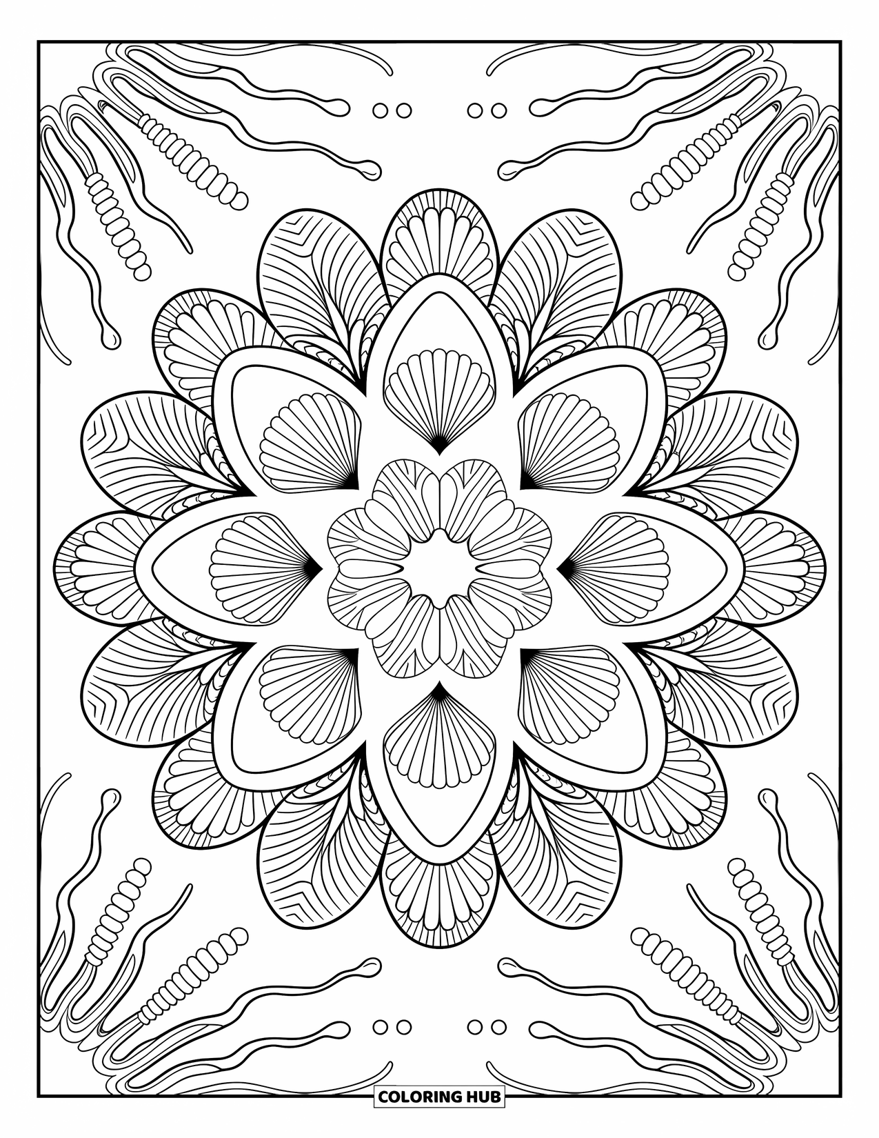 Coloriage Océan pour adultes : Un mandala rond fait de coquillages, de boucles d’algues et de gouttelettes tourbillonne avec des détails calmes