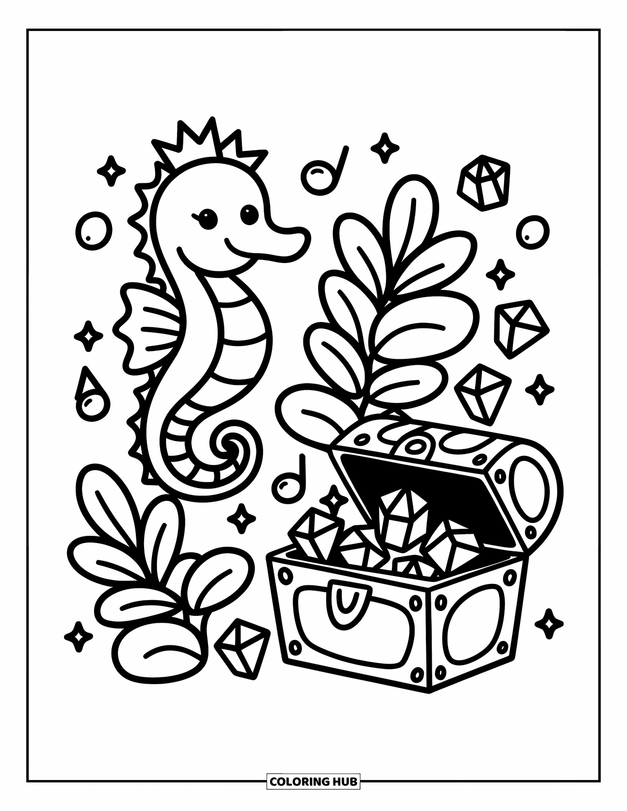 Coloriage Océan pour adultes : Un hippocampe avec une couronne nage devant des plantes musicales et un coffre au trésor rempli de pierres précieuses