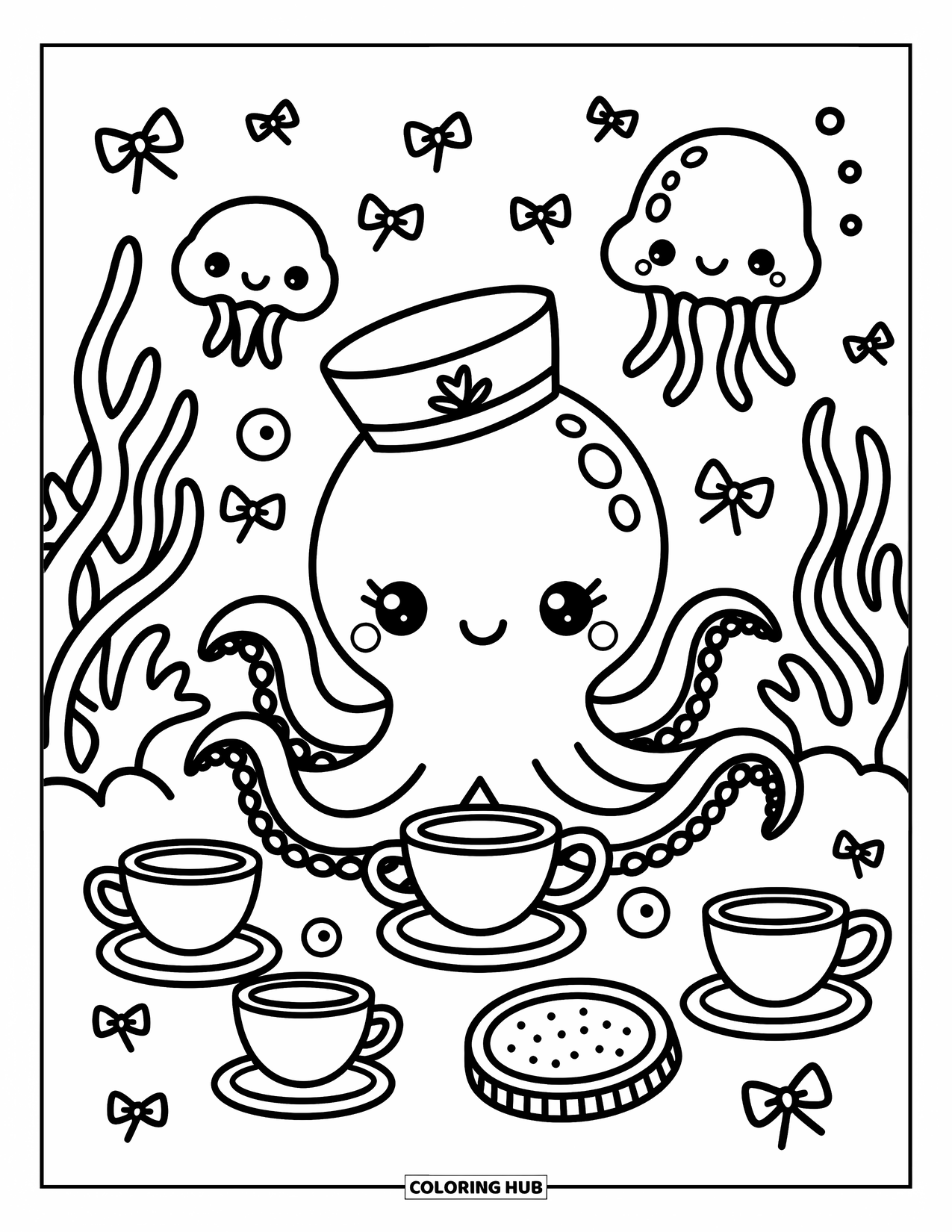 Coloriage Océan pour adultes : Une pieuvre portant un chapeau de marin déguste un thé parmi des méduses, des nœuds d’algues et de minuscules tasses à thé