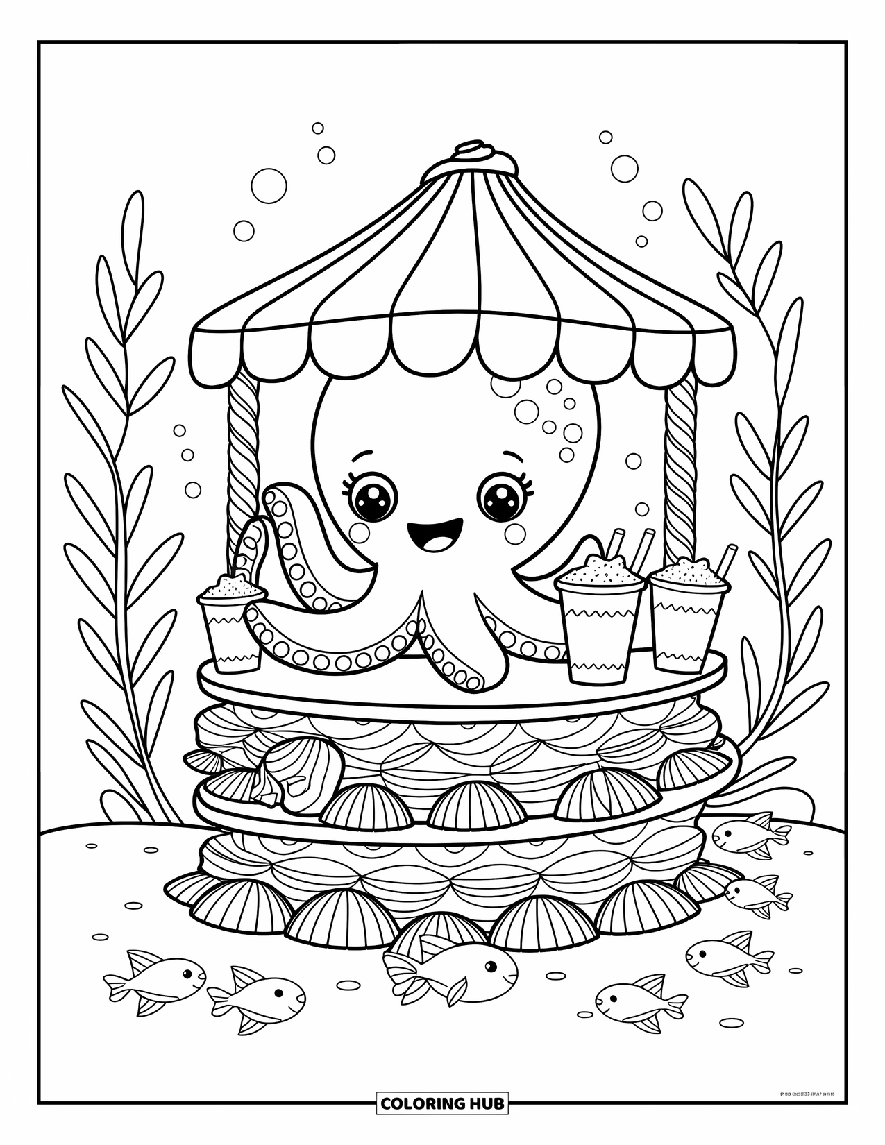 Coloriage Océan pour adultes : Une pieuvre tient un stand de smoothies au corail tandis que de minuscules poissons font la queue pour des milkshakes aux algues